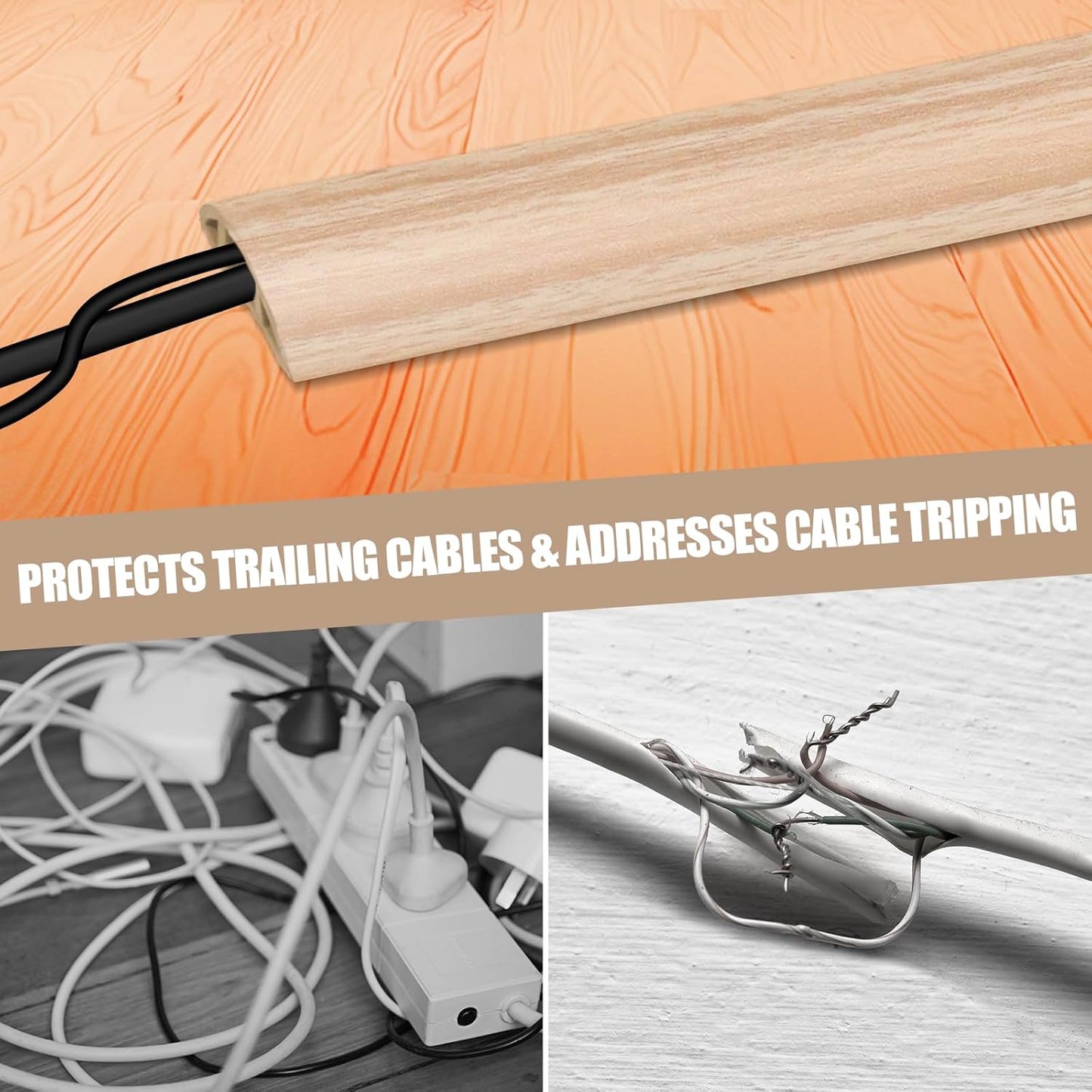 Floor Cord Cover Self Adhesive Cord Hider,10FT Cable Management, Extension Strip Protector for Wires, Prevent Cable Trips for Offices, Gyms, Exhibitions Cavity:0.3"(W) x0.28(H) WoodLightyellow