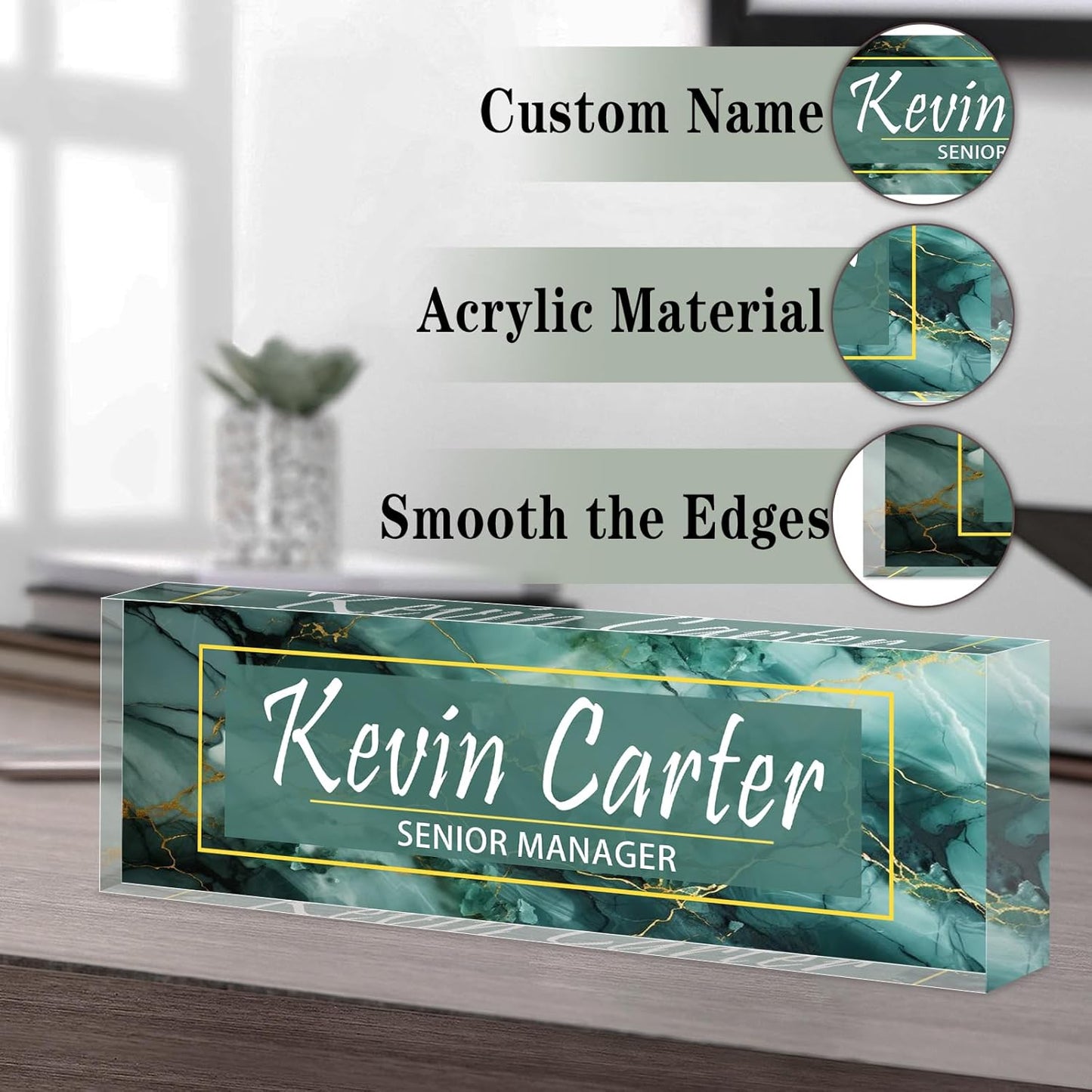 Name Plate for Desk Personalized, Acrylic Desk Decorations, Employee Appreciation Gifts, Custom Office Gifts for Coworkers, Boss, Teacher, Nurse (Green Marble)