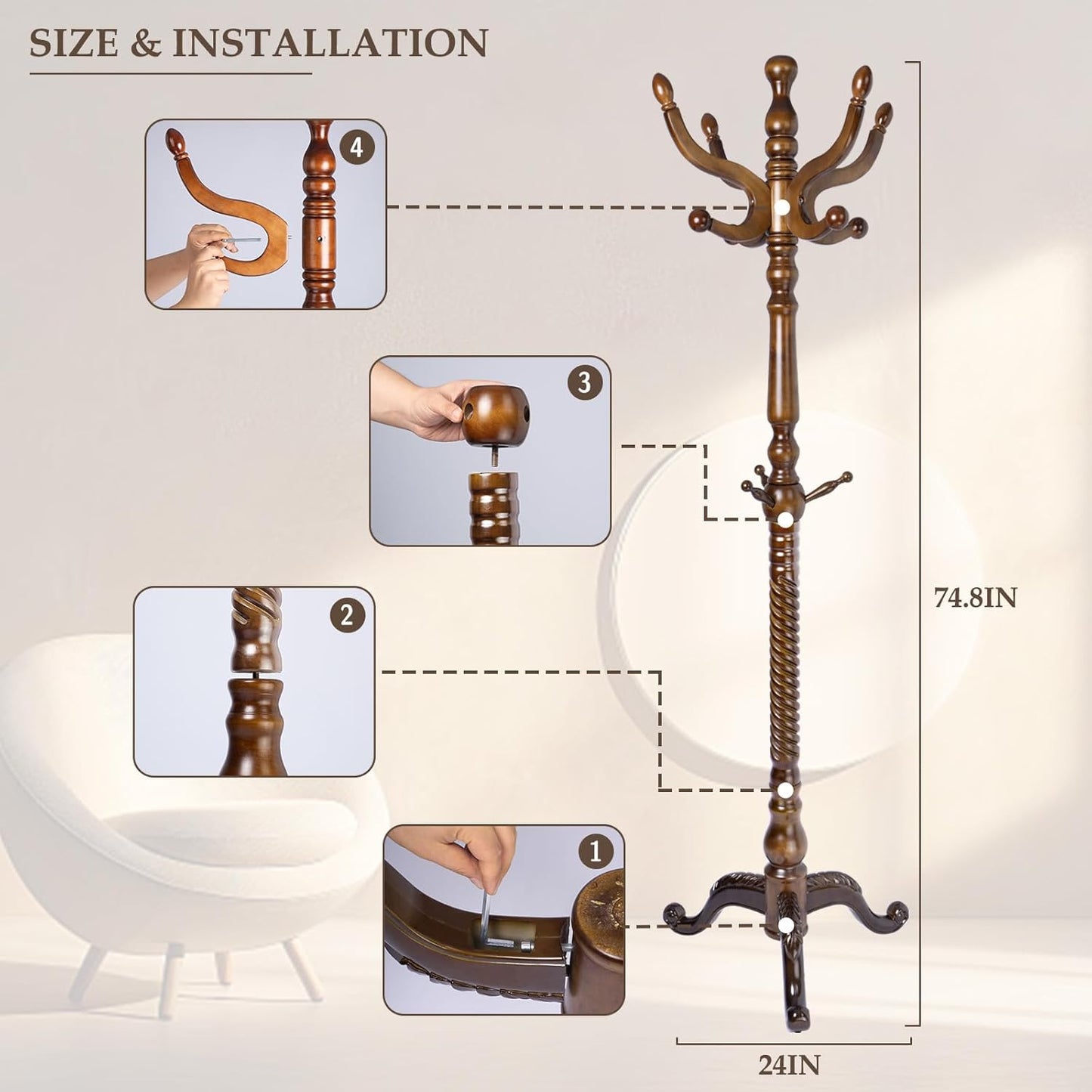 Wood Coat Rack Freestanding, Natural Coats Tree Stand with 11 Hooks, 74.8" Sturdy and Easy Assembly Coat Rack Stand for Entryway, Hallway, Bedroom, Bags, Hats (Tri-legged Base, Walnut)