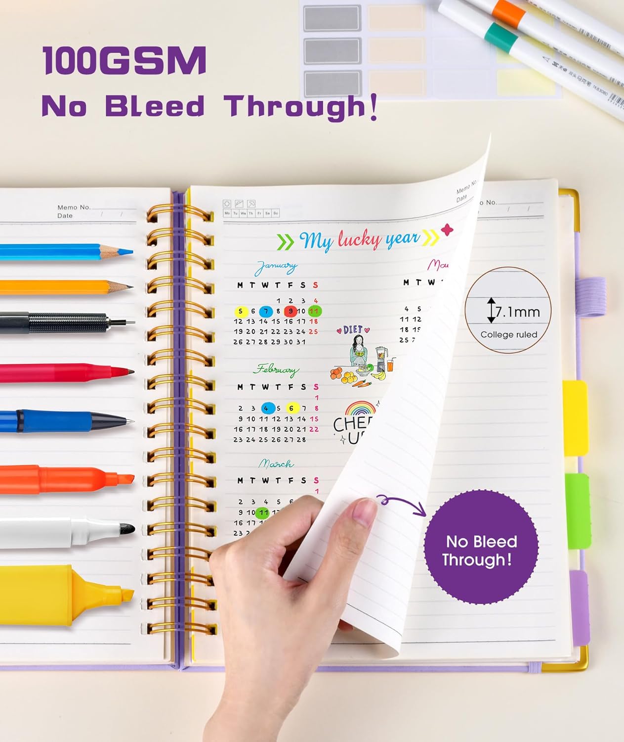 Hardcover Spiral Notebook journal with Removable Dividers Tabs, 300 Pages Leather 5 Subject Notebook College Ruled, 100GMS A5 Notebooks for Work School Note taking,Lined Journal for Women,A5 Purple