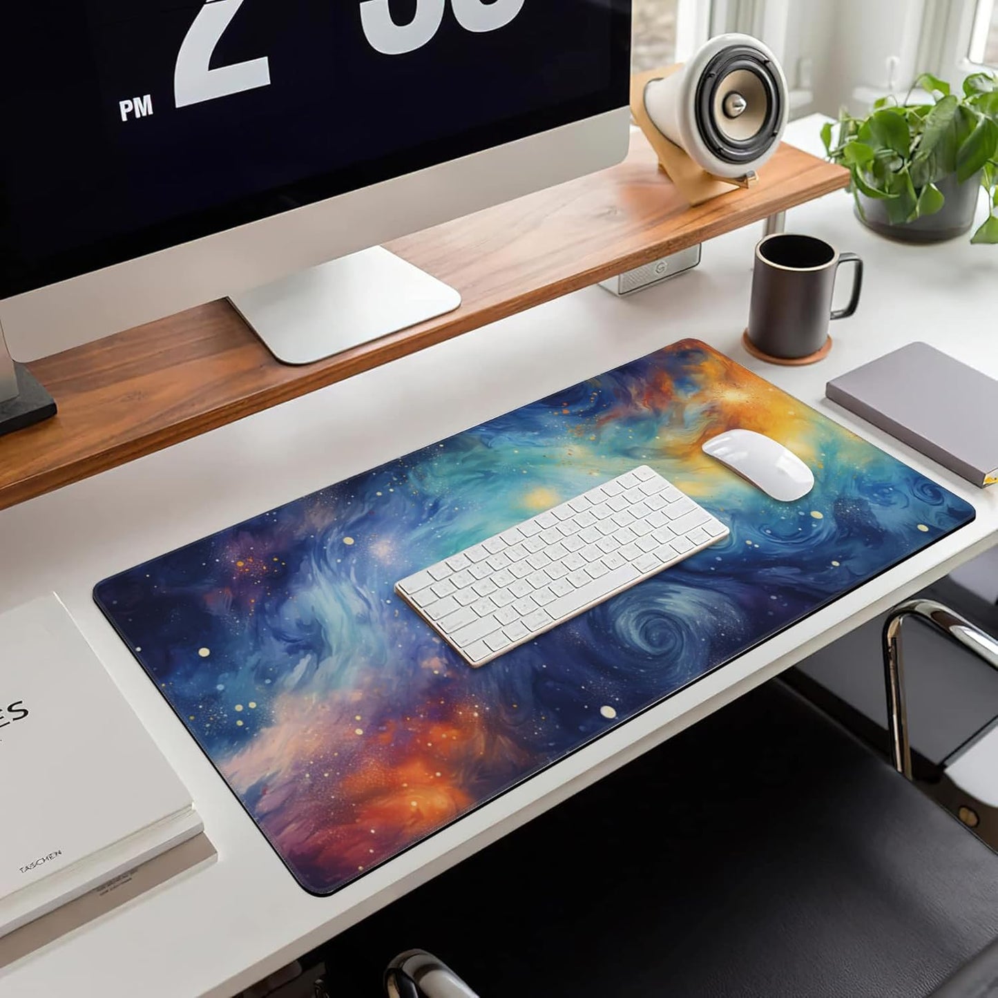 Extended Large Gaming Mouse Pad, Stars Nebulas and Cosmic Swirls Large Desk Mat for Desktop, Non-Slip Rubber Base Stitched Edges Long Computer Keyboard Desk Pad Mouse Mat for Home Office 35.4"X15.7"