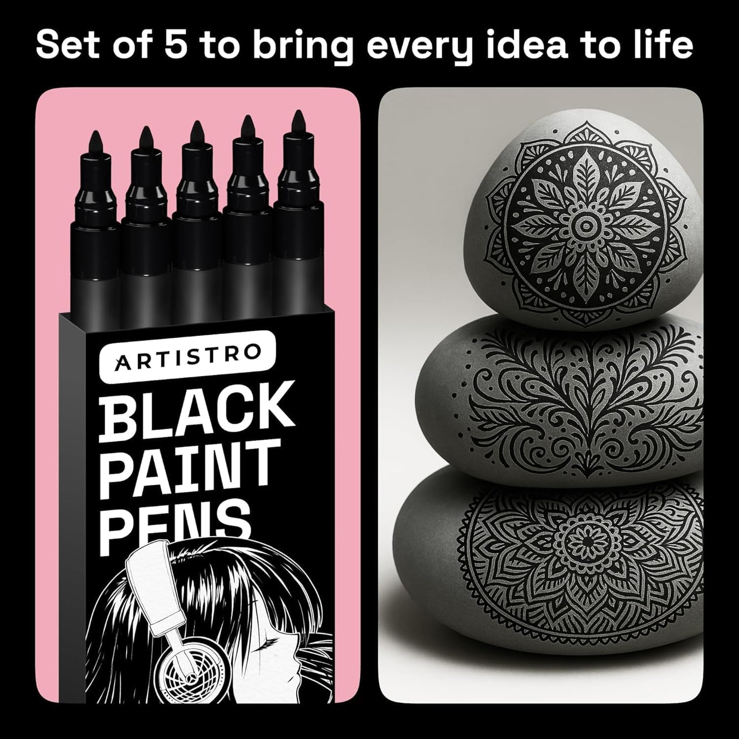 ARTISTRO Black Paint Pens for Rock Painting, Stone, Ceramic, Glass, Wood, Tire, Fabric, Metal, Canvas. Set of 5 Water Based Black Markers for Acrylic Painting Extra Fine Point Tip