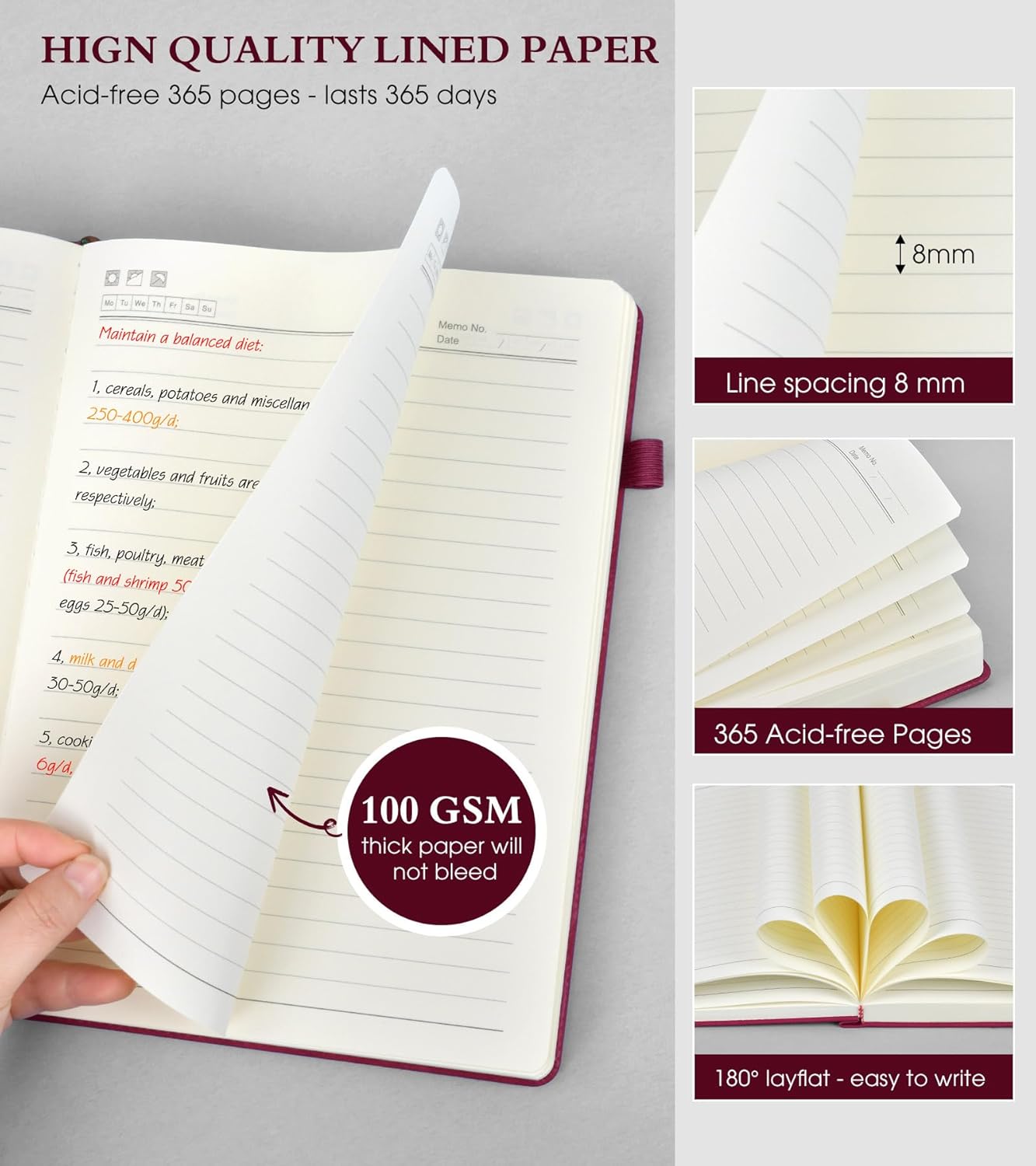 A5 Lined Journal Notebook - 365 Page Leather Journals for Writing Women & Men,Hardcover Notebook with 100Gsm Thick Pages,Daily Diary for Travel, Work,School,Note Taking,College Ruled (5.9" x 8.5")