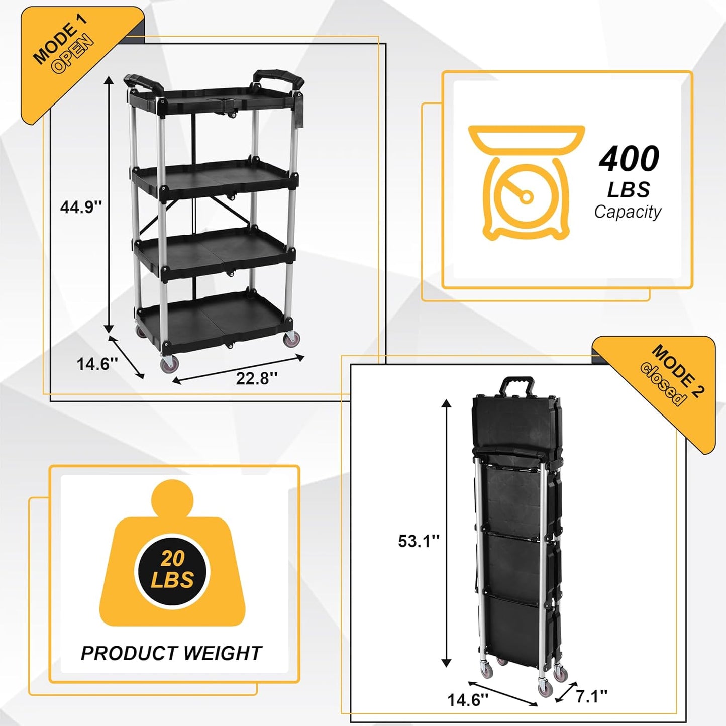 Folding Utility Cart, Portable Collapsible Service, 4 Shelf Heavy Duty Collapsible Tool with Wheels, Suitable for Office Warehouse Home, Black