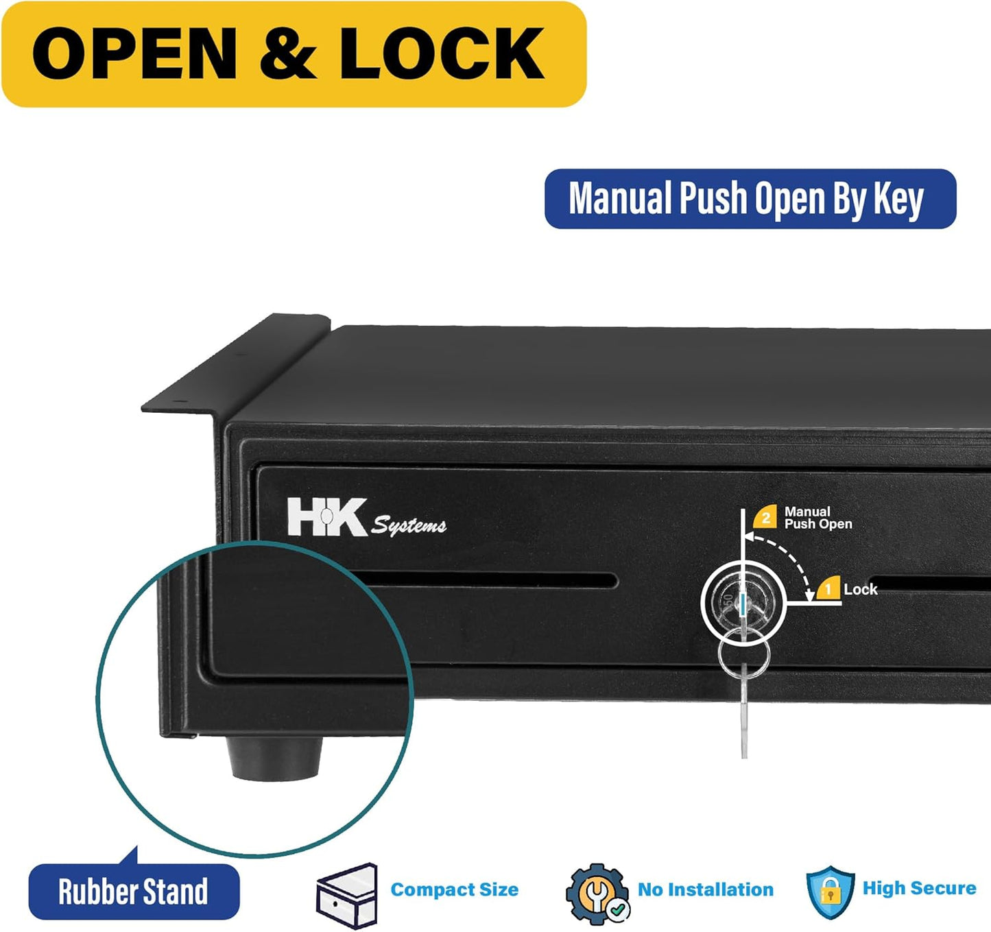 HK SYSTEMS 13" Heavy Duty Black "Push" Open Cash Drawer, 4B5C with Under Counter Mounting Metal bracket