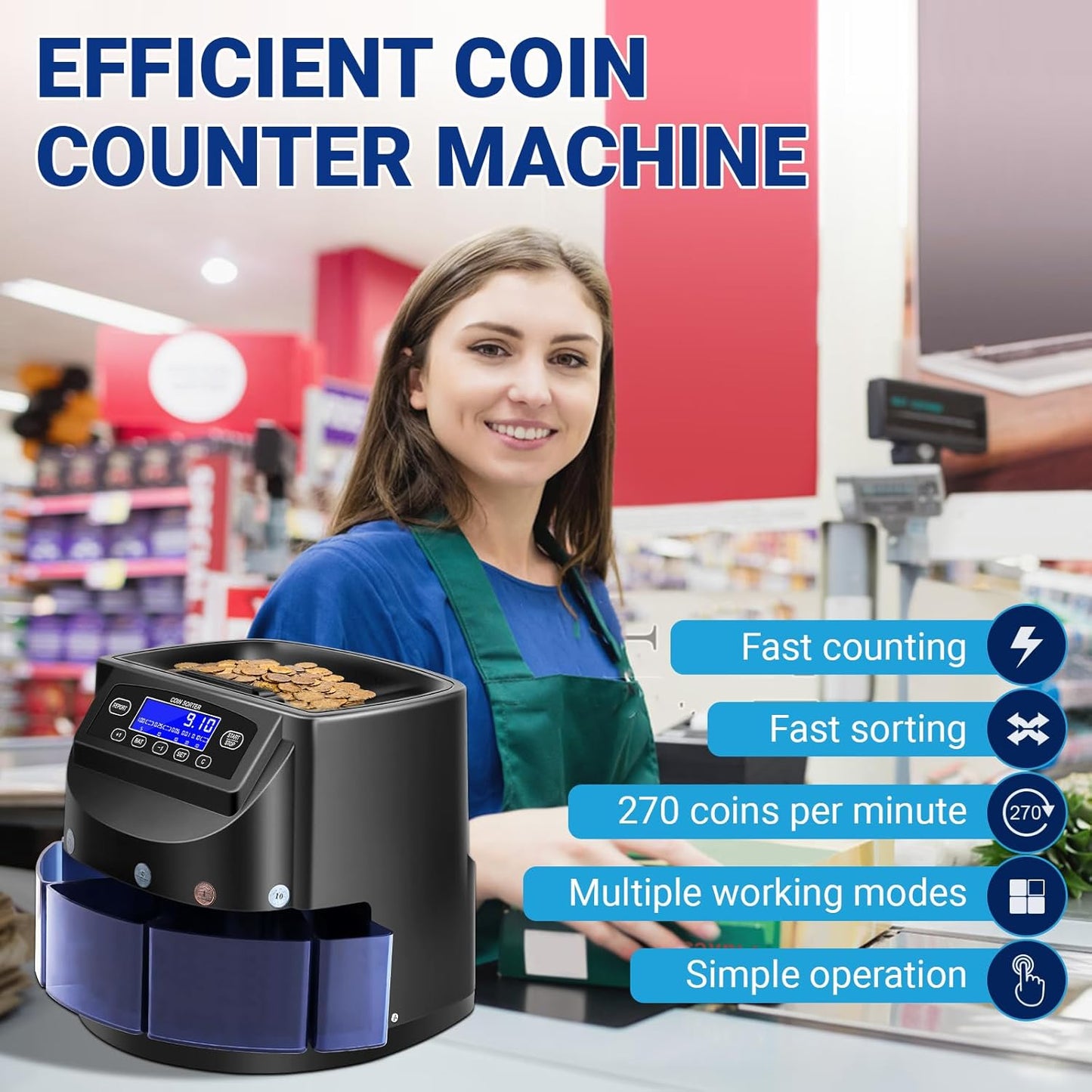 Coin Counter and USD Coin Sorter with LCD Display, Automatic Change Counter for 1¢ 5¢ 10¢ 25¢ $1, 270 Coins/min, 300-Coin Capacity, Coin Sorter and Wrapper Machine for Fast & Accurate Sorting