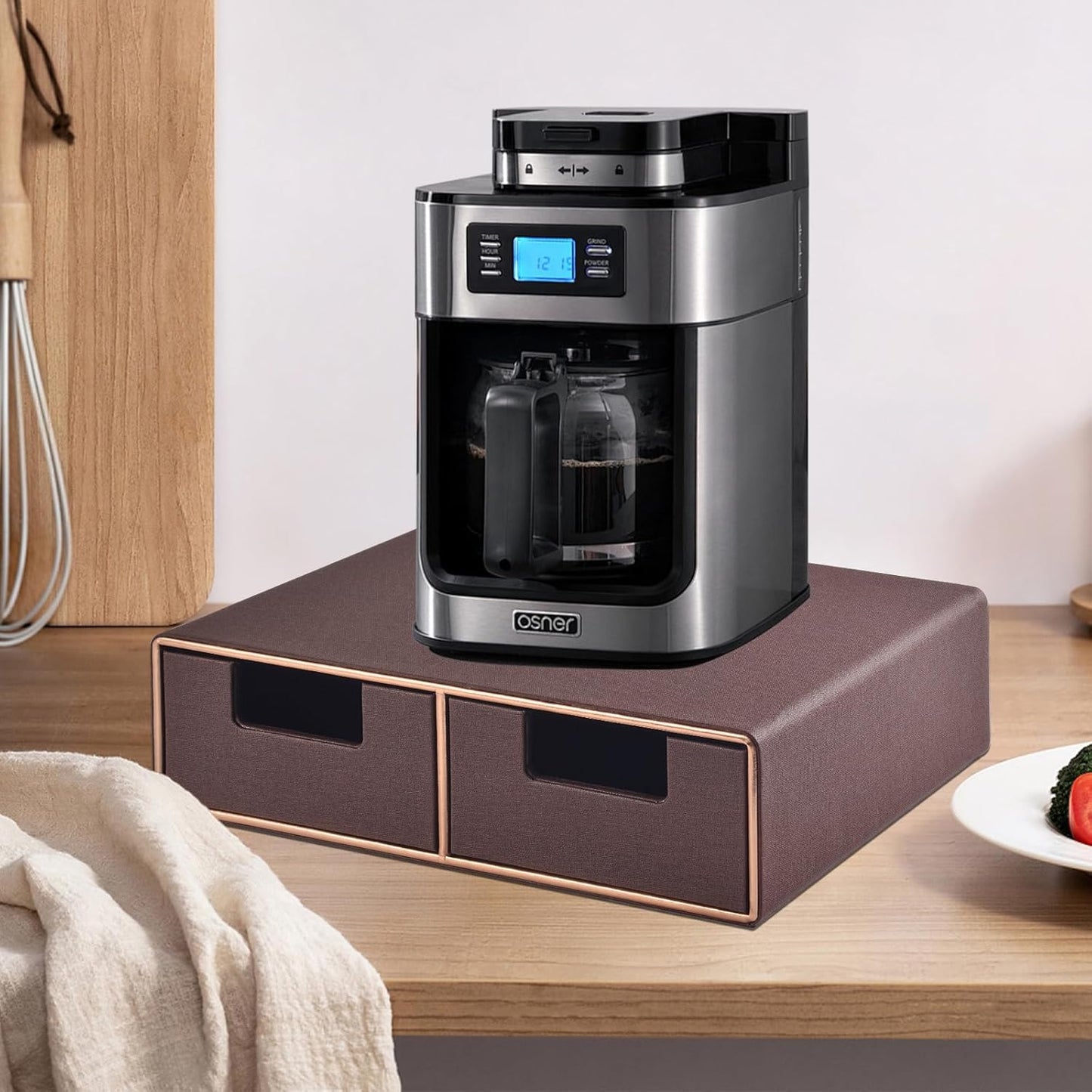 Linen Leather Desk Organizer and monitor stand with Drawers-Mini Desktop Drawer Organizer Stackable-Tabletop Organization Storage Box for Office Supplies Home Vanity Toiletries (Brown, 2-drawers)