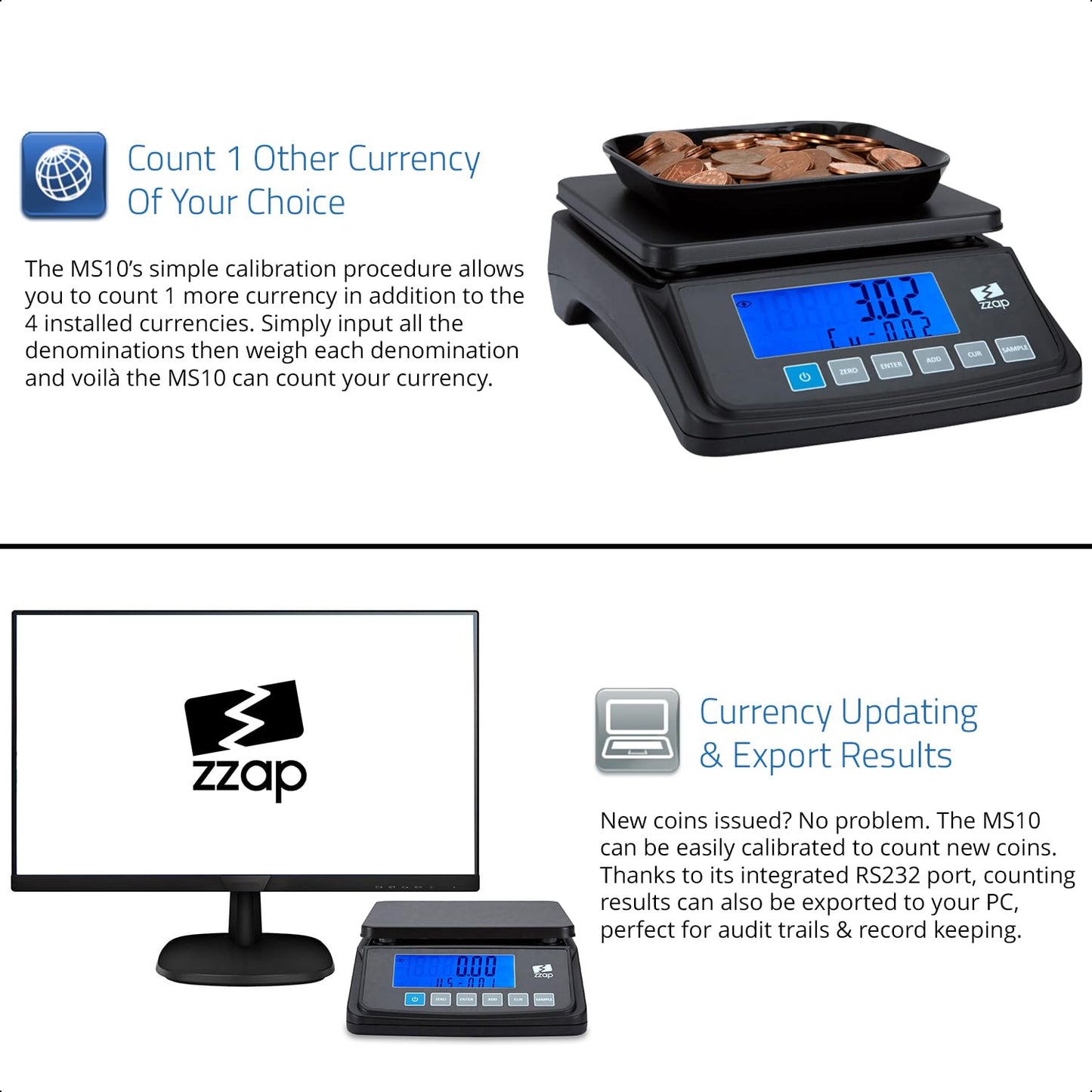 ZZap MS10 Coin Counting Scale - Money Cash Currency Weighing Machine