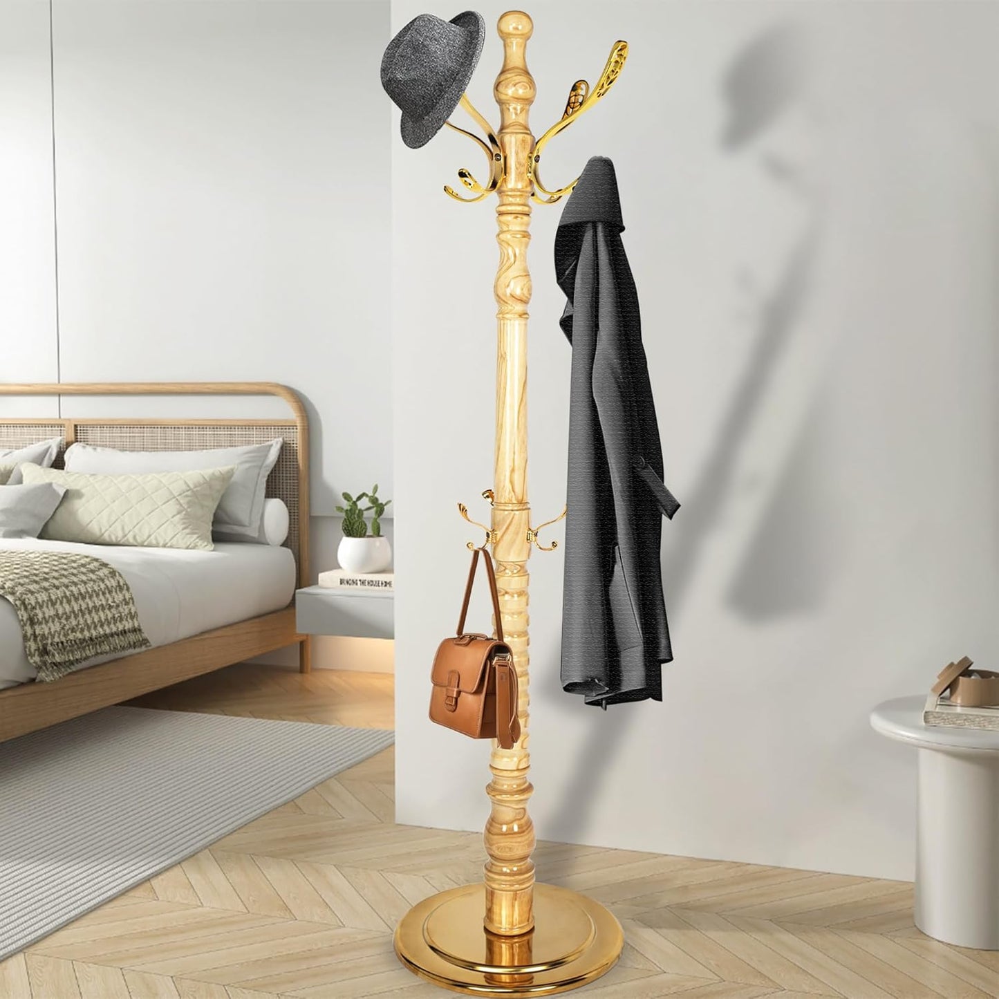 Vintage Free Standing Coat Rack with Disc Base, Solid Wood Coat Hanger Stand with 14 Metal Hooks and Adjustable Height, Standing Coat Rack Tree for Entryway, Bedroom, Hallway, Office, Apartment