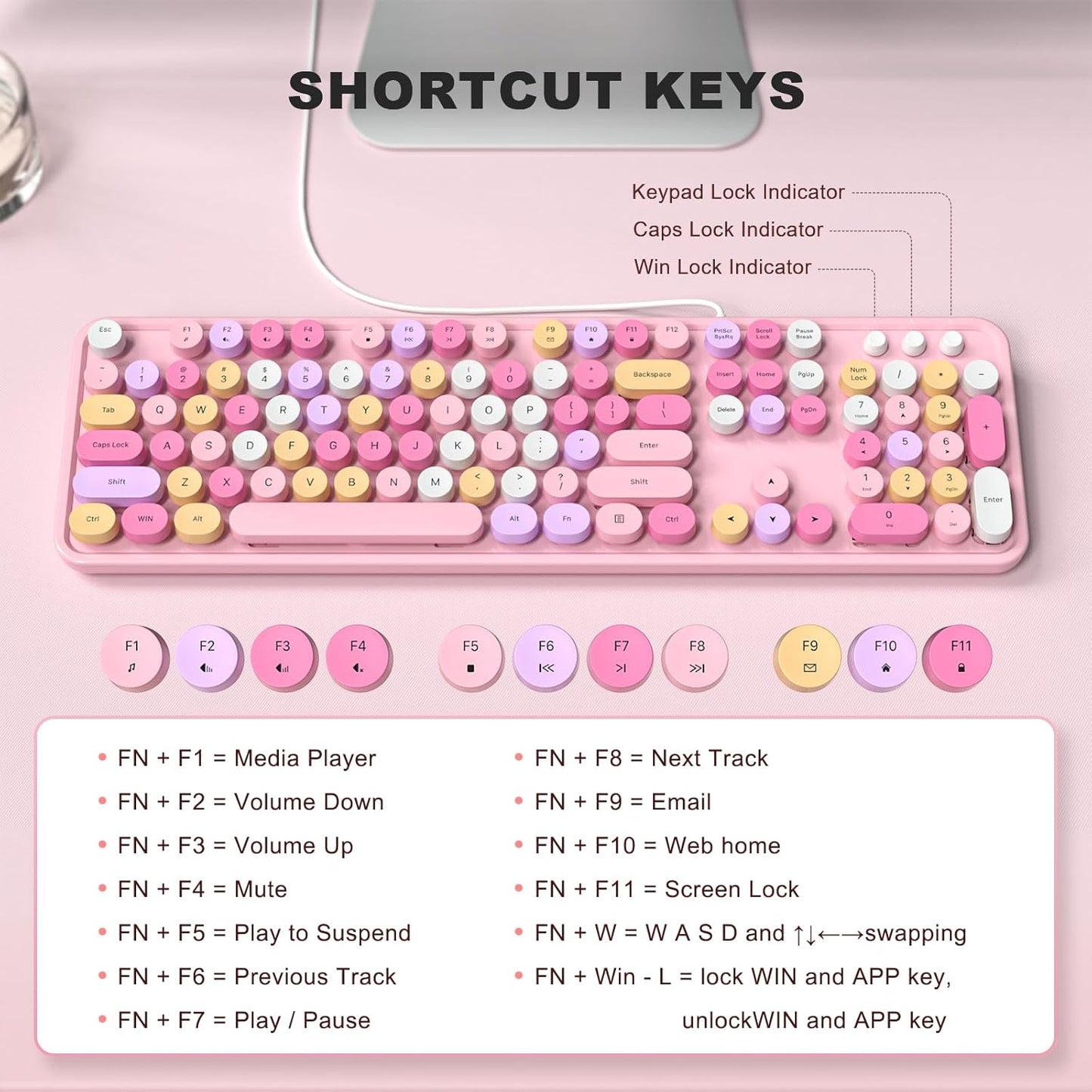 MOFII Wired Full Size USB Keyboard, Colorful Retro Round Typewriter Keyboard with Foldable Stands for Windows PC Laptop (Pale Pink)