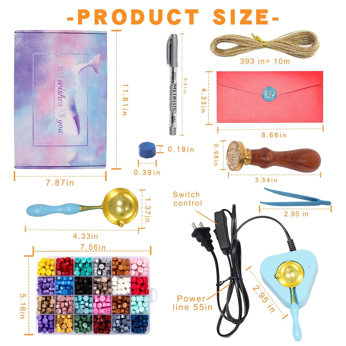 Wax Seal Kit with Electric Warmer, 648 Pcs Beads, Stamp, Sealing Spoon, Wax Seal Stamp Kit with Gift Box for Decoration and Gifts