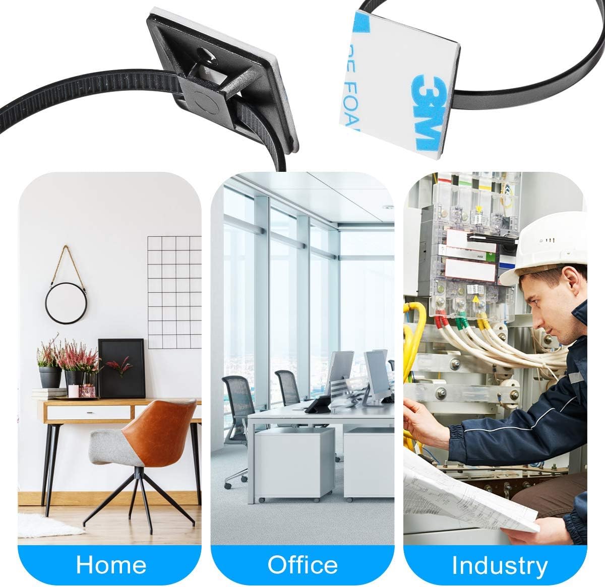 XHF 3/4" Strong Back-Glue Self Adhesive Black Cable Zip Tie Mounts 100pcs with 8" Zip Ties, Screws, UV Protection Outdoor Sticky Wire Fasteners Cable Clips Management Anchors Organizer Holders Squares