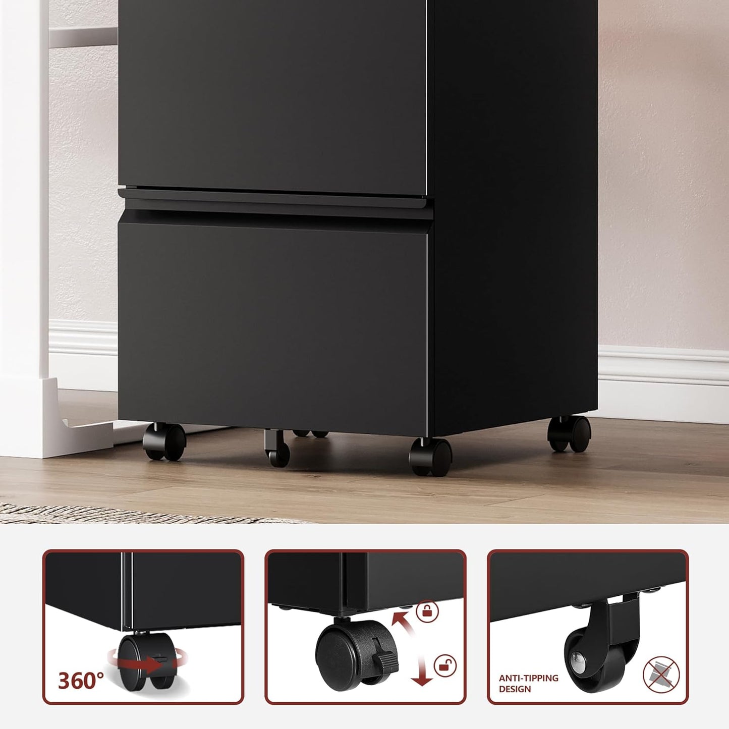 2 Drawer File Cabinet,Mobile Filing Cabinet with Lock and Wheels,Fully Assembled Metal Under Desk File Cabinets for A4/Letter/Legal Size(Black