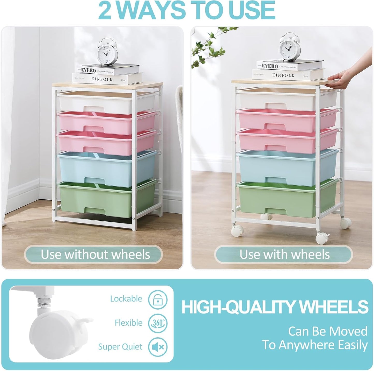 Utility Cart with 5 Drawers,Storage Drawer Cart with Wooden Tabletop and Lockable Wheels,Craft Storage Trolley Cart,5-Tier Rolling Utility Cart on Wheels,Rainbow