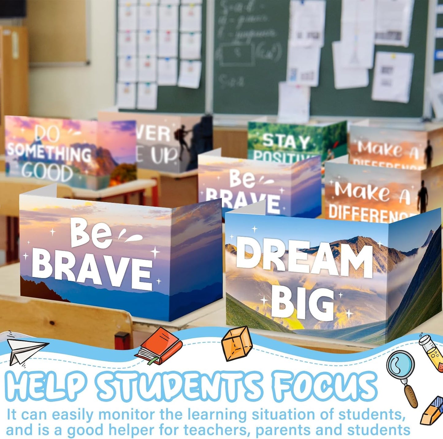 Honoson 24 Pcs Bulk Inspirational Privacy Folders for Students Cardboard Test Privacy Boards Motivational Words Desk Dividers Shield for Classroom School Study Supplies, 6 Styles(Scene)