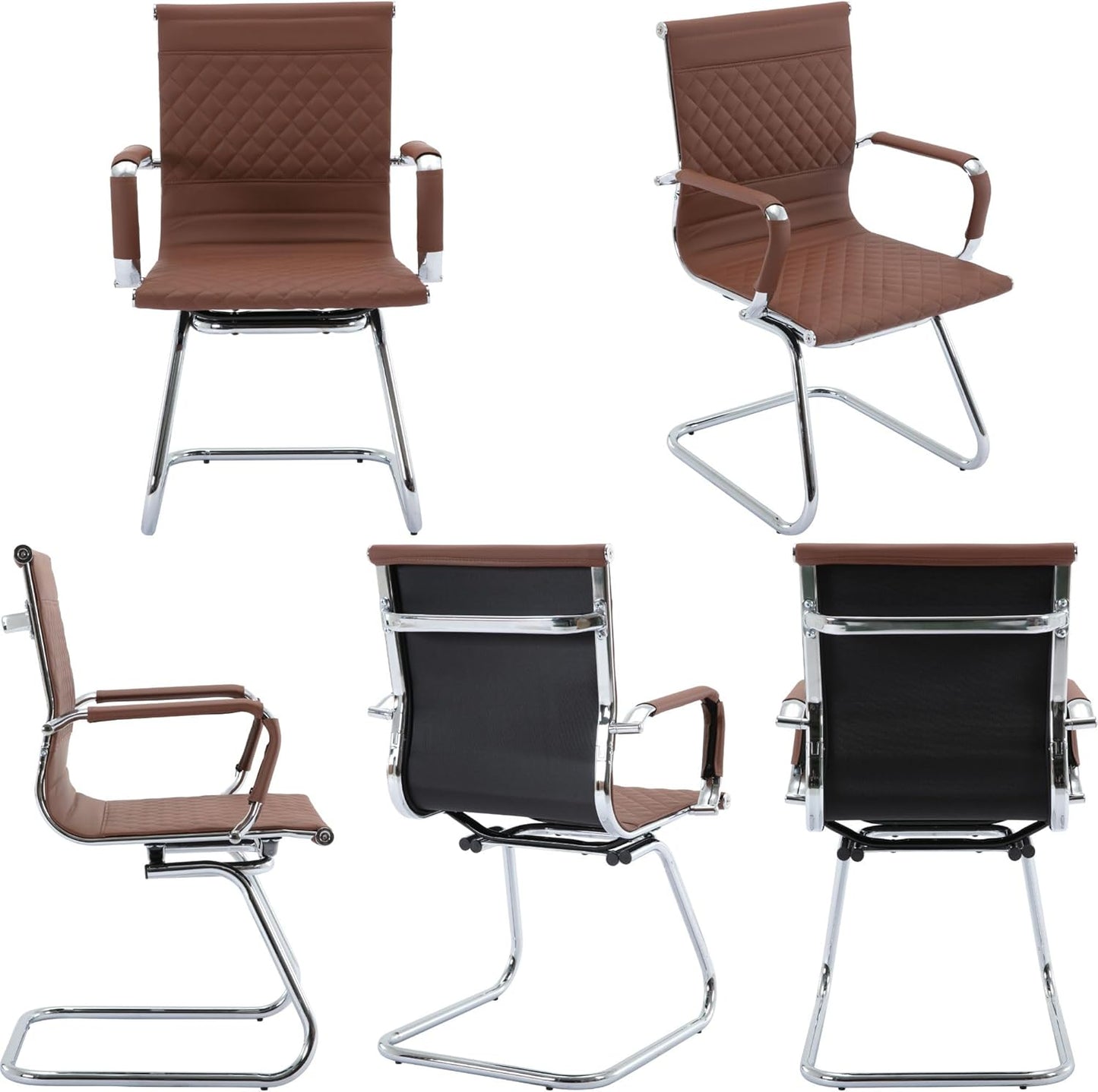 Modern Office Chairs Set of 2, Brown Faux Leather, Ergonomic, Adjustable Height, Conference Room, Reception Area