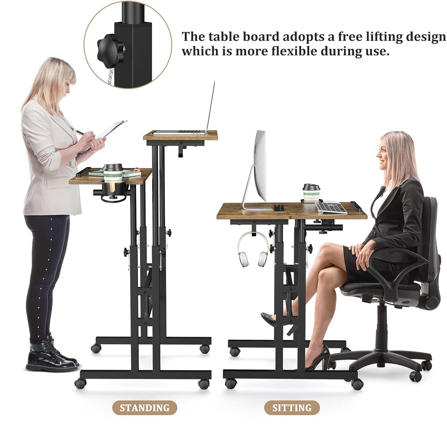 Small Standing Desk with Wheels, Mobile Stand Up Desk, Portable Standing Table on Wheels for Walking Pad, Rolling Computer Desk Adjustable Height, Tall Table