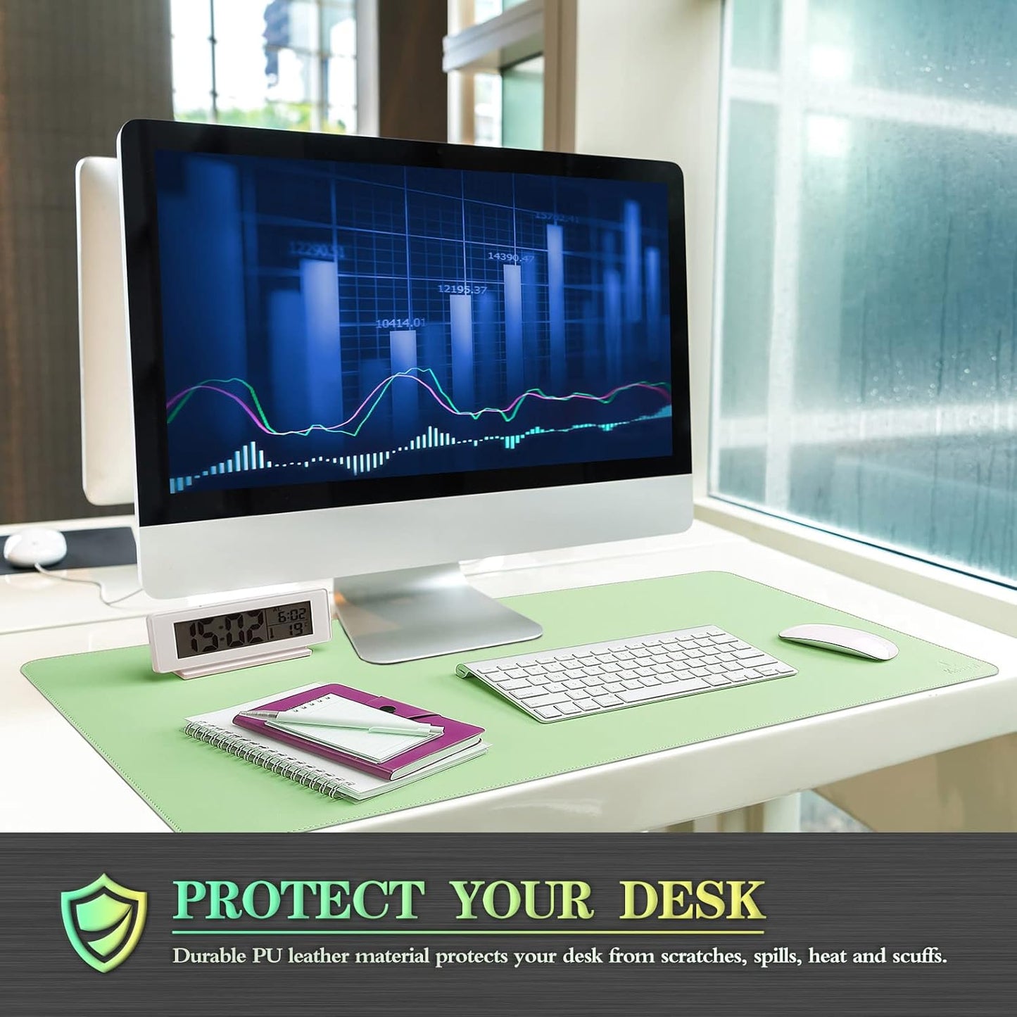 K KNODEL Desk Mat, Blotter, Dual-Sided Office Desk Pad, Waterproof Desk Mat for Desktop, Desk Blotters, PVC Leather Pad Protector (Sharp Green, 31.5" x 15.7")