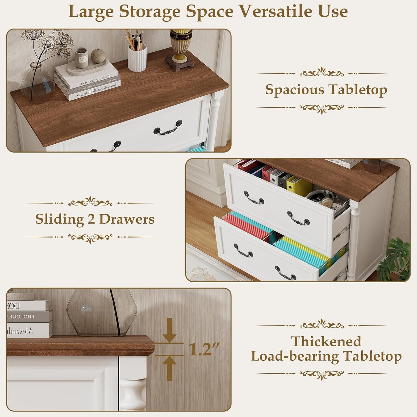 Lateral File Cabinet 2 Drawers Farmhouse File Cabinet for Letter/A4/Legal Size Hanging Files, Large Rustic White File Storage Cabinets Printer Stand with 4 Solid Wood Feet &Column Decor for Office