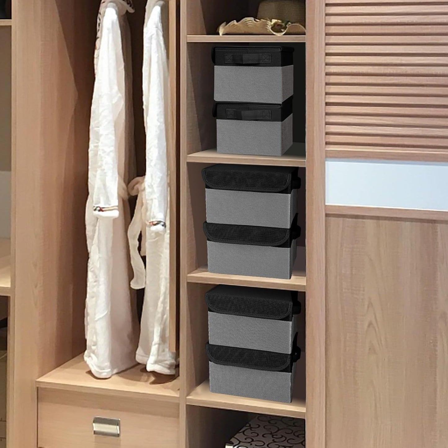 Small 8 Quart Linen Fabric Foldable Storage Bin Cube Organizer Basket with Lid & Handles, Collapsible Decorative Box Container for Home, Dorm, Closet, Black & Gray, 10"x8"x6", 6-Pack