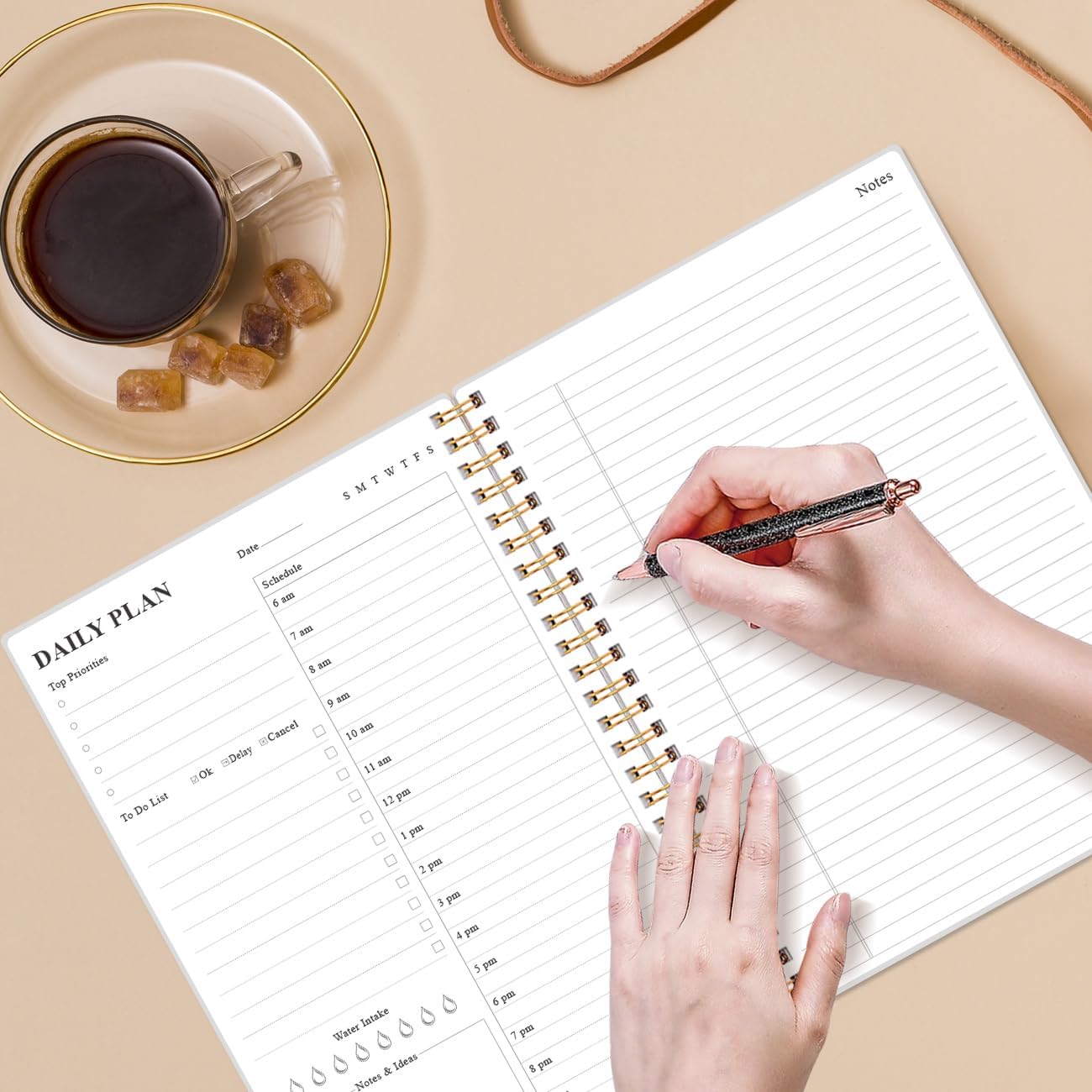 Daily Planner Undated - B5 To Do List Notebook Hourly Schedules, Spiral Appointment Planner for Women and Men, PVC Hardcover, Inner Pocket, Elastic Closure, 7" x 10", Blue Watercolor