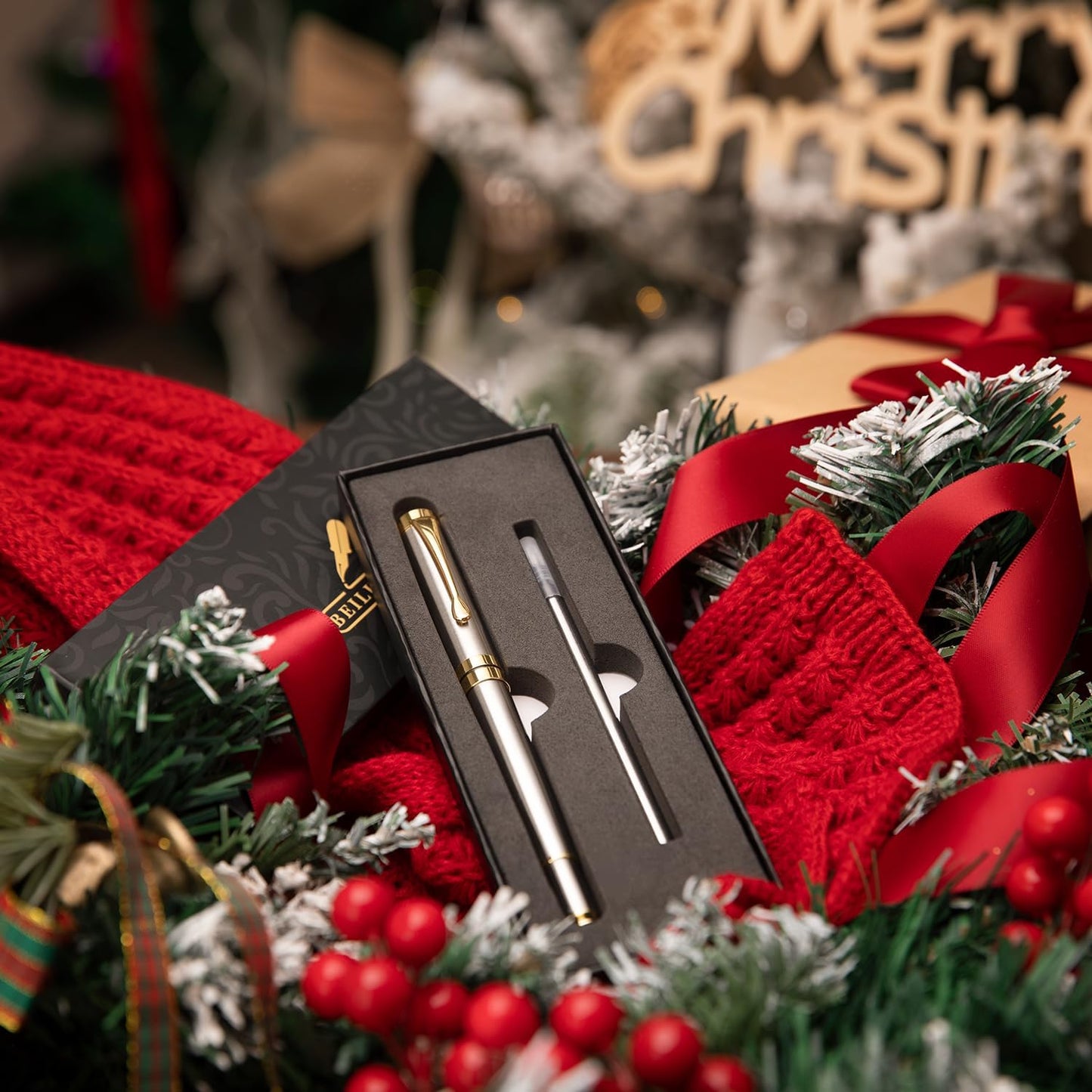 BEILUNER Ballpoint Pens, Stunning Silver Chrome Metal Pen with Golden Trim, Best Ball Pen Gift Set for Men & Women, Professional, Executive, Office, Nice Pens-Gift Box with 0.5mm Extra Black Refill