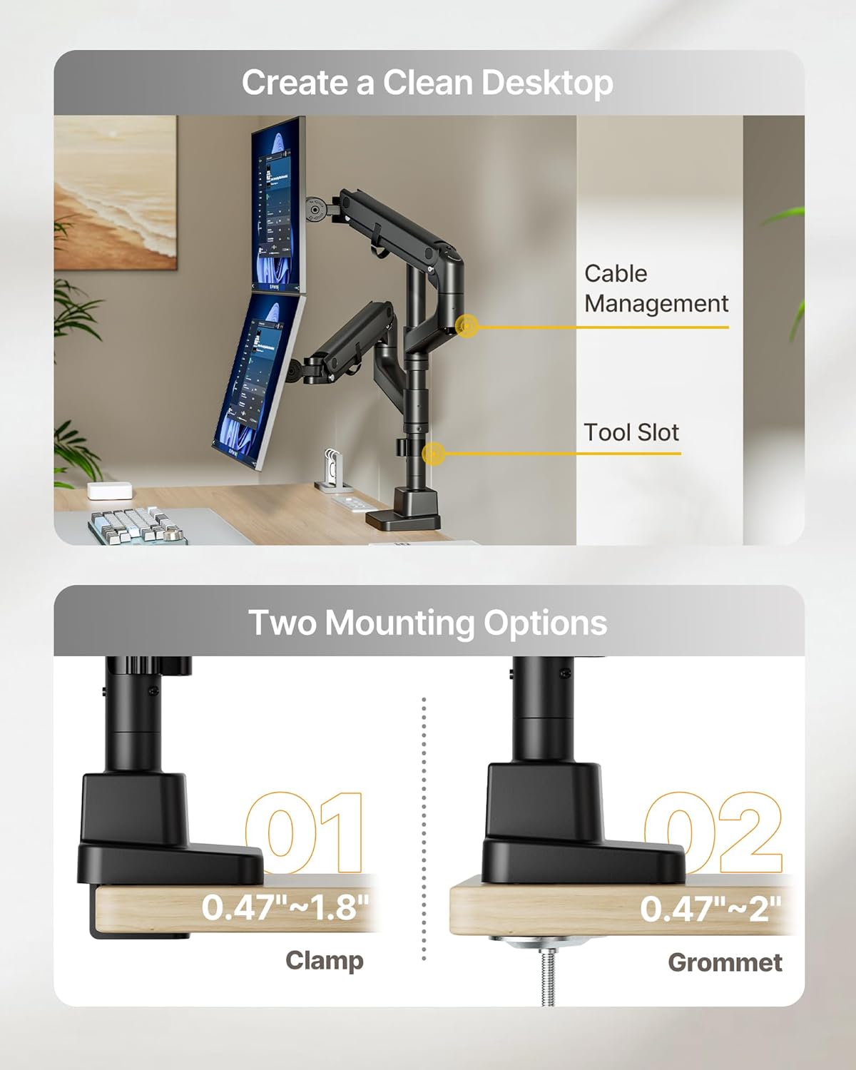 monTEK Dual Monitor Arm for up to 57" and 59.4 lbs Ultrawide Screen, Aluminum Heavy-Duty Gas Spring Vertical Stackable Curved Screen Adjustable Monitor Stand, 75/100mm Vesa Mount, Black