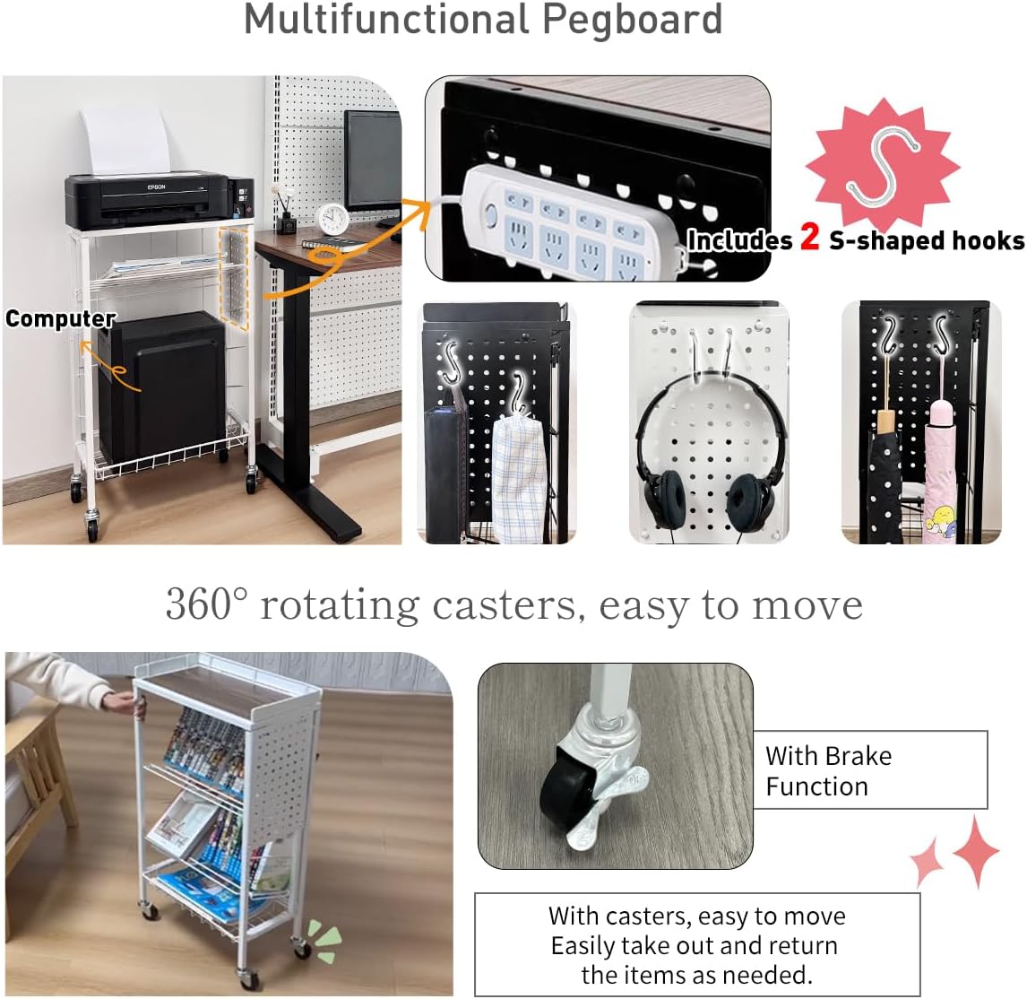 Lumizone Foldable Book Cart 6-Tier Large Capacity Bookshelf Single Sided V-Shaped Sloped Shelves With brake Wheels With PegBoard Slim Rolling Utility Cart Storage Rack, Home Shelves and Office (Black)