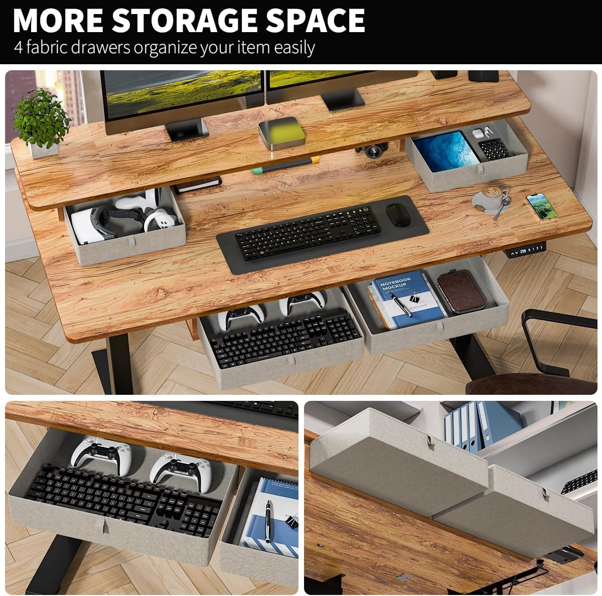 Standing Desk with Fast Charging USB Ports, 63" x 30" Height Adjustable Home Office & Gaming Desk, Sit Stand Desk with Built-in Storage Shelf, Hook & Ergonomic Design(Light Rustic)