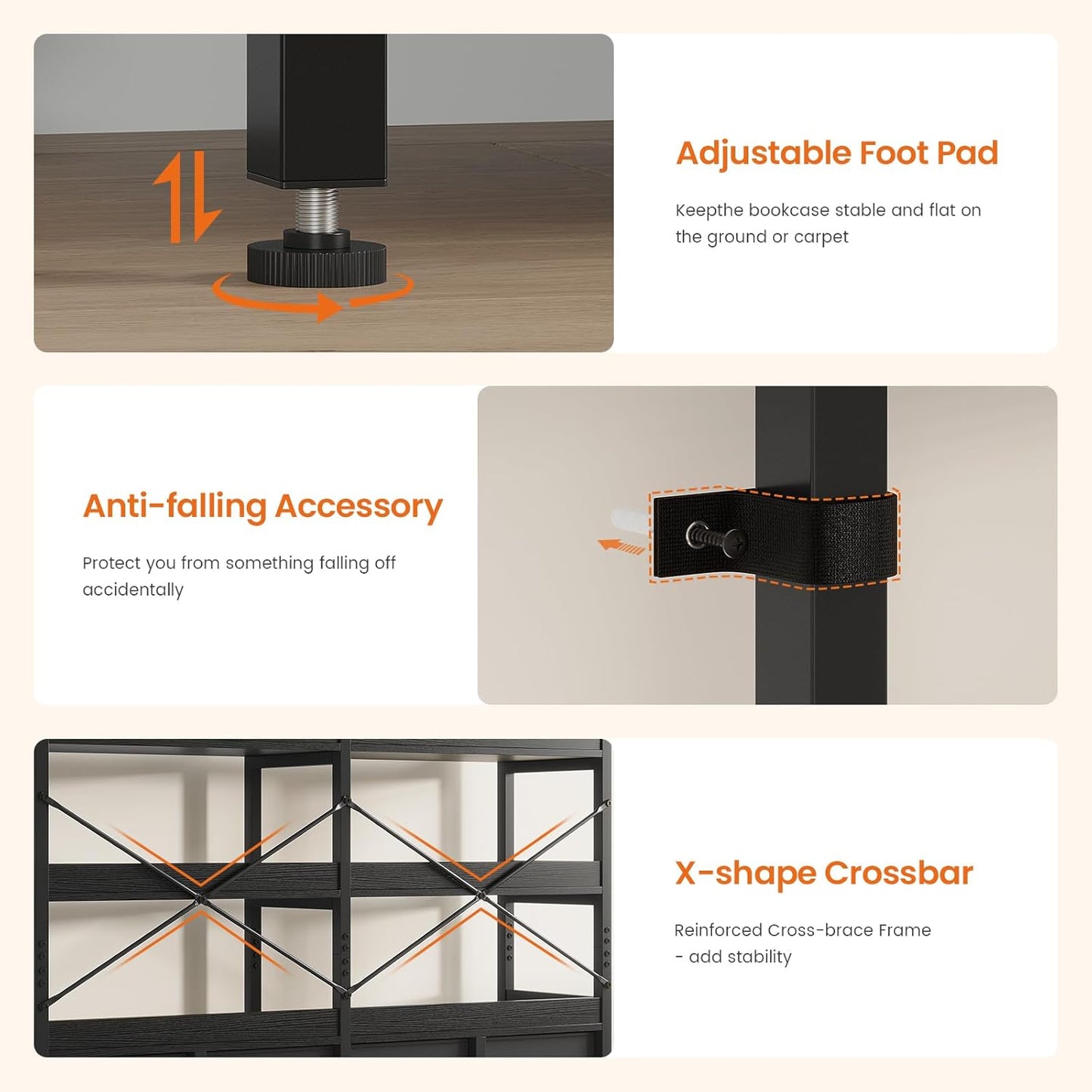 Bookshelf with 8 Fabric Drawers, 7-Tier Bookcase with Baffles Display Shelves, Industrial Large Book Shelf for Living Room Home Office, Black