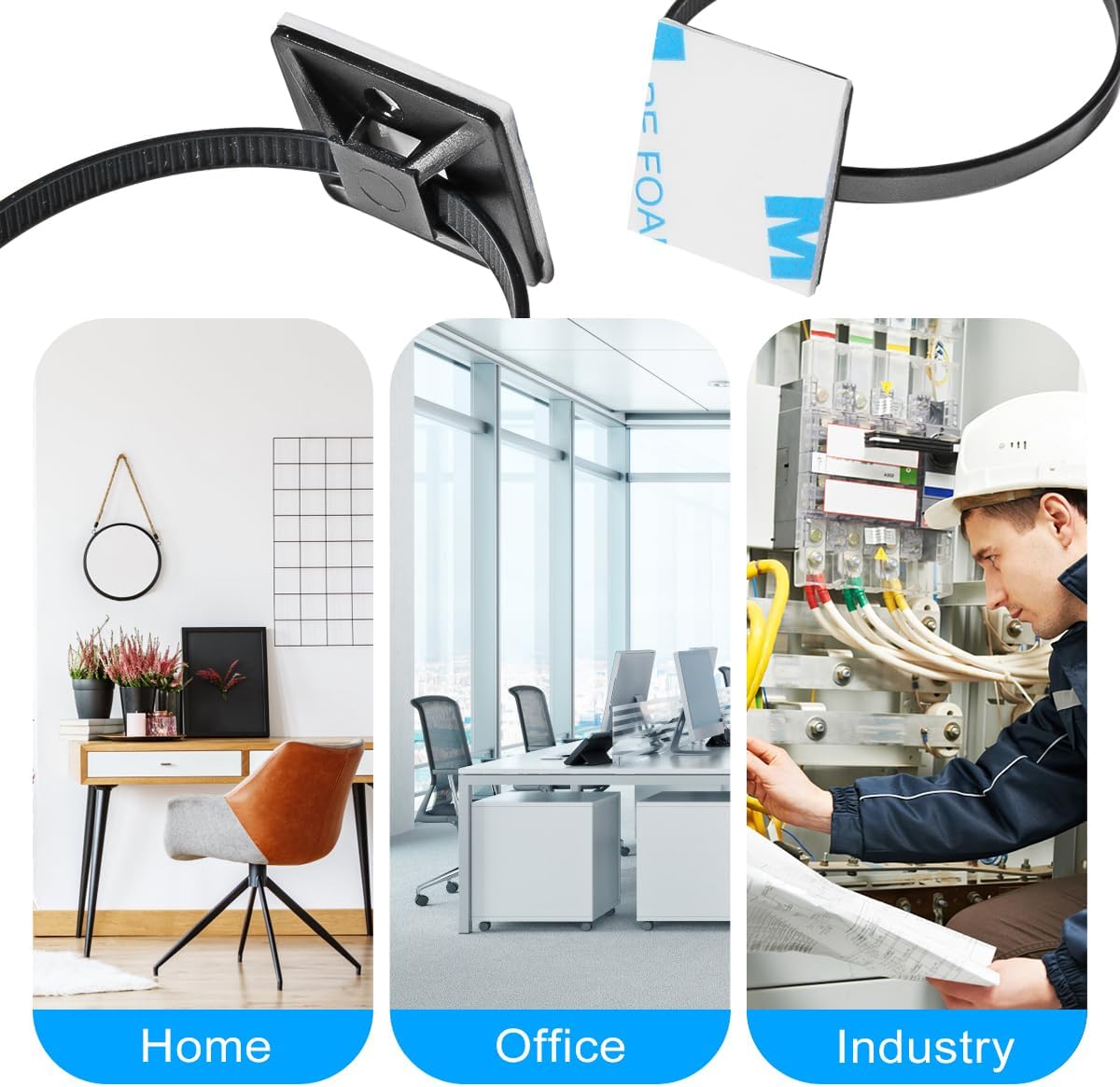 200pcs 3/4" Back-Glue Self Adhesive Black Strong Cable Zip Tie Mounts with 8" Ties, Screws, UV Protection Outdoor Sticky Wire Fasteners Cable Clips Management Anchors Organizer Holders Squares