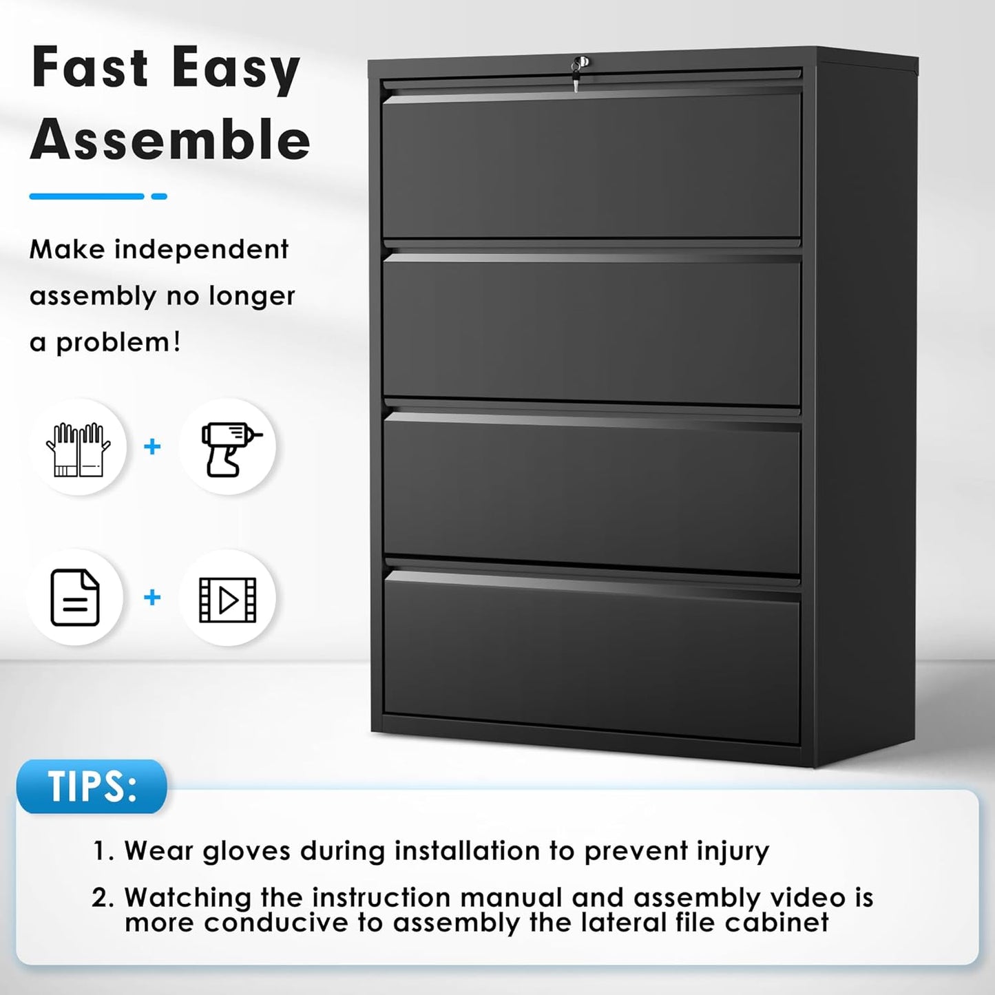 Pataku 4 Drawer File Cabinet with Lock, Metal Lateral File Cabinets for Home Office 4 Drawer, Locking Filling Cabinets for Hanging Files Letter/Legal/F4/A4 Size (Blcak)