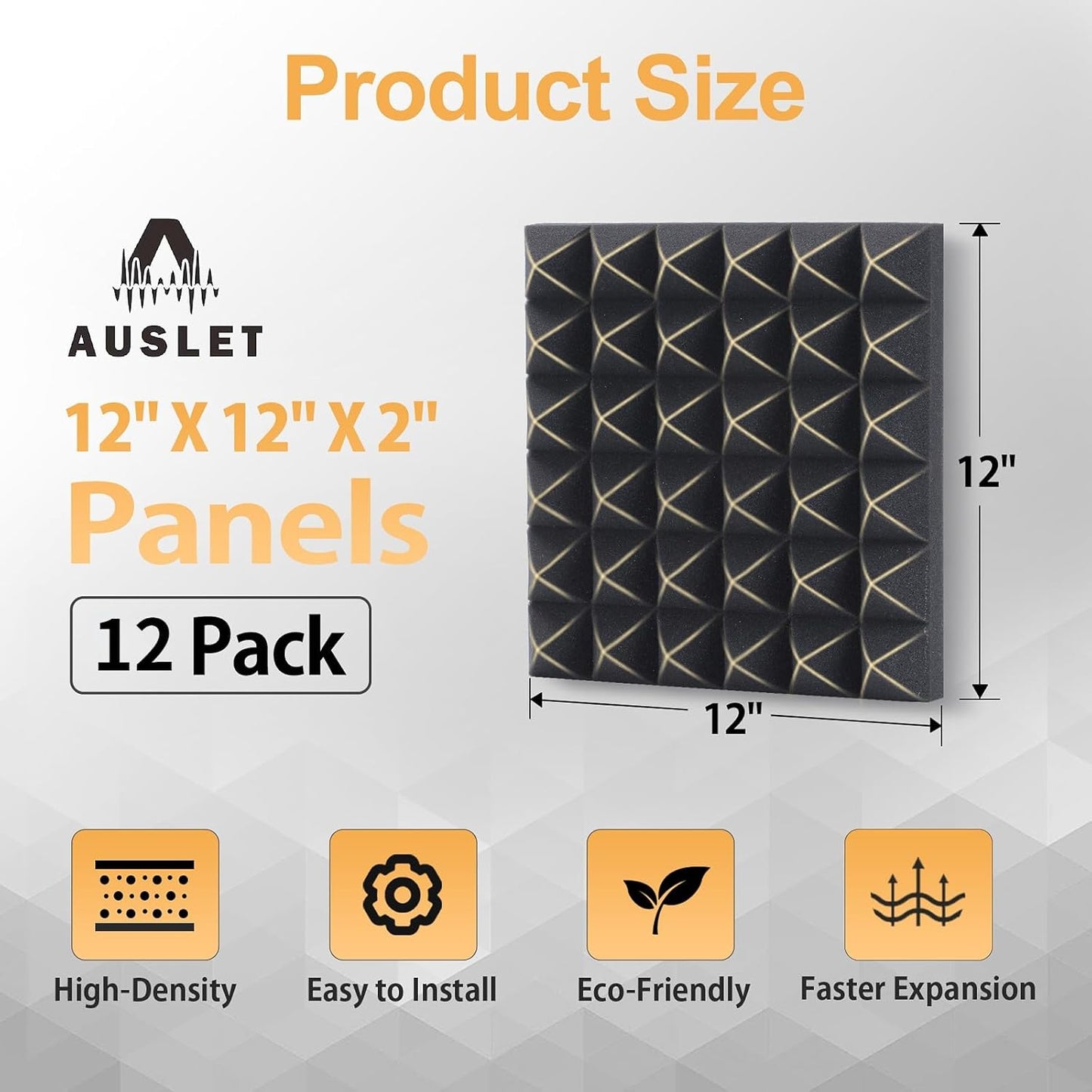 12 Pack Pyramid Acoustic Foam Panels – 12" x 12" x 2" High Density, Fire-Resistant Soundproof Wall Panels for Home Studio, Recording Room & Office