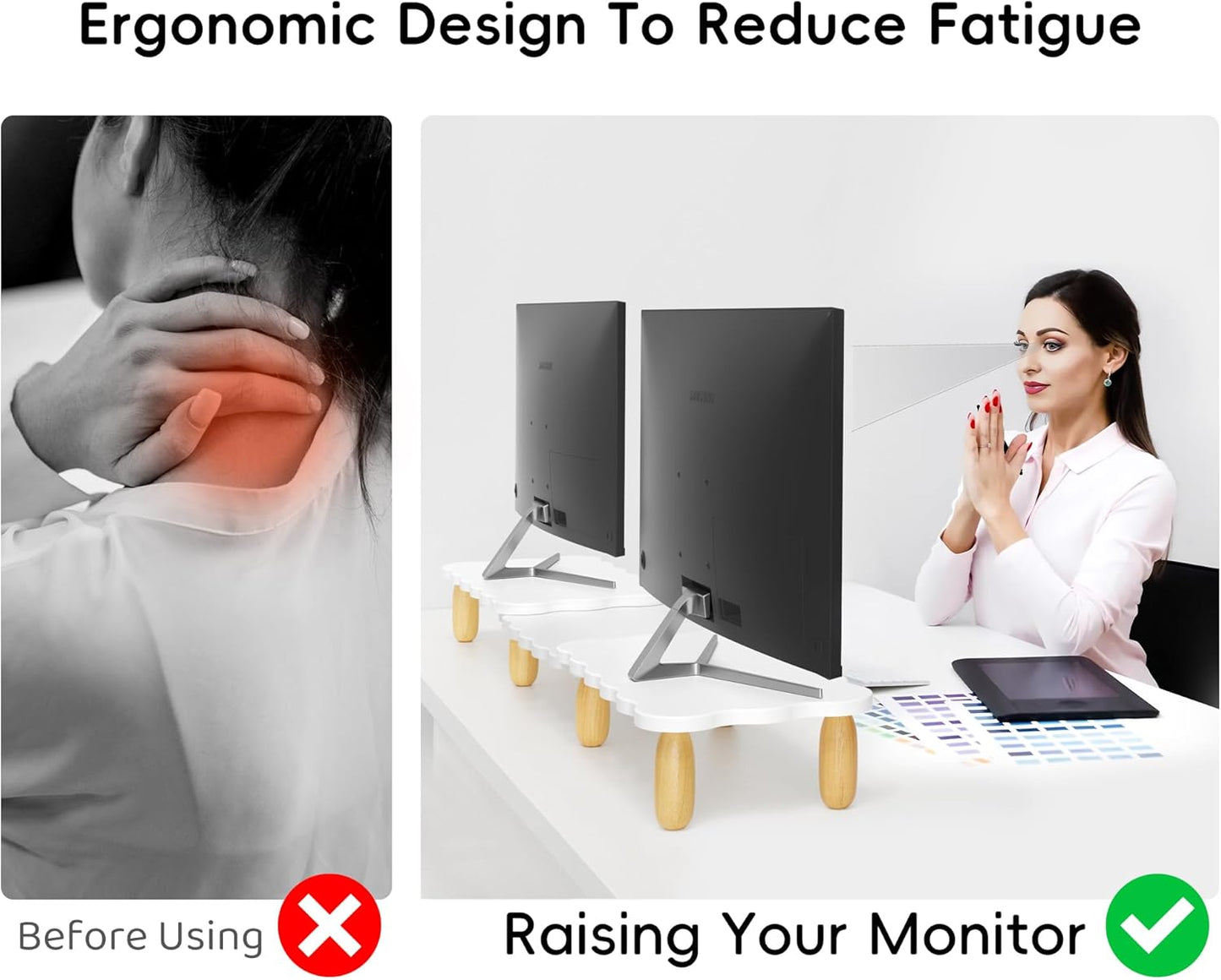 Dual Monitor Riser, Cookie-Shaped Adjustable Length & Swivel Angle, Wooden Desktop Organizer for 2 Monitors, Stand With Drawer for Laptop, PC, Computer, Printer, White