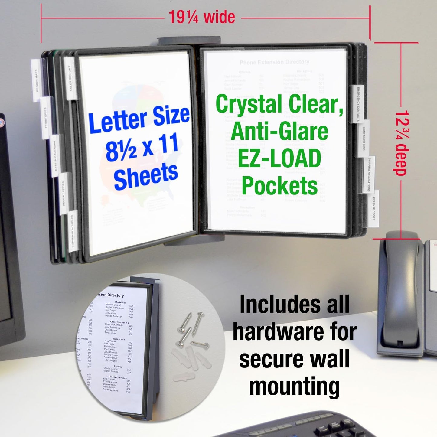 Ultimate Office AdjustaView 10-Pocket Wall Reference Organizer with Easy-Load Pockets and Mounting Screws, Black Pockets