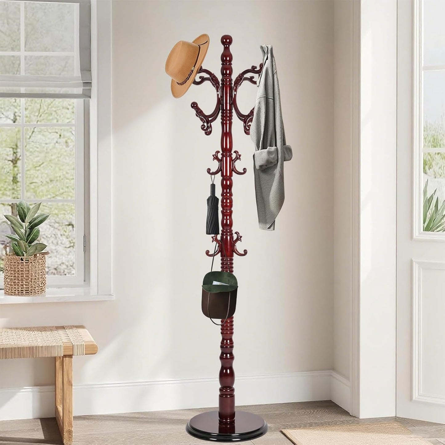 Wooden Coat Rack Freestanding with Resin Hooks, Adjustable Heavy Duty Stand for Hanging Coats, Bags, Hats, and Umbrellas in Living Room, Bedroom, Entryway (Rosewood color)