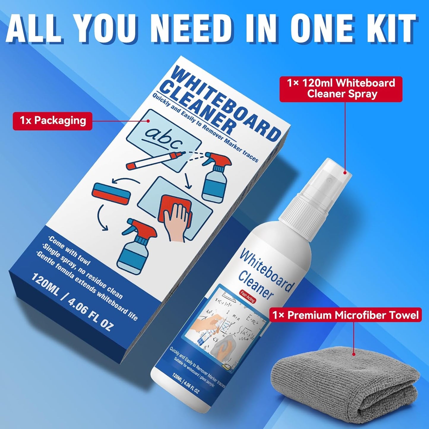 Whiteboard Cleaner, Low-Odor Dry Erase Board Cleaner with Cloth, White Board Cleaning Spray for Classroom, Home and Office Use, Removes Marks from Whiteboards, 4.06oz