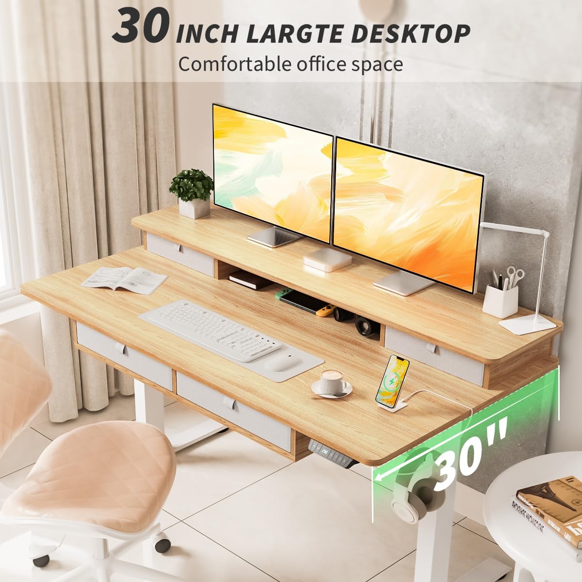 Standing Desk with Fast Charging USB Ports, 48" x 30" Height Adjustable Home Office & Gaming Desk, Sit Stand Desk with Built-in Storage Shelf, Hook & Ergonomic Design(Maple)