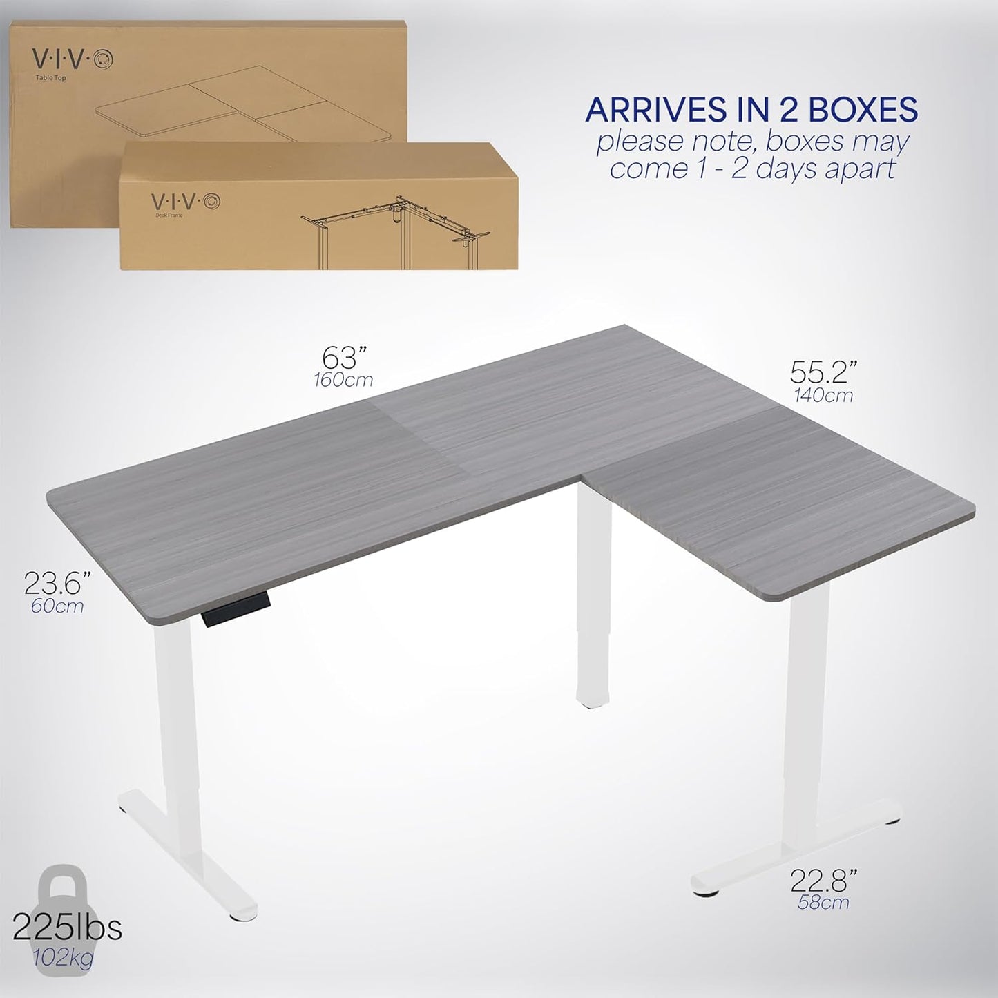 VIVO Electric Corner L-Shaped 63 x 55 in Standing Desk, Memory Height Adjustment, Dark Gray Top White Frame, DESK-E3CTWG