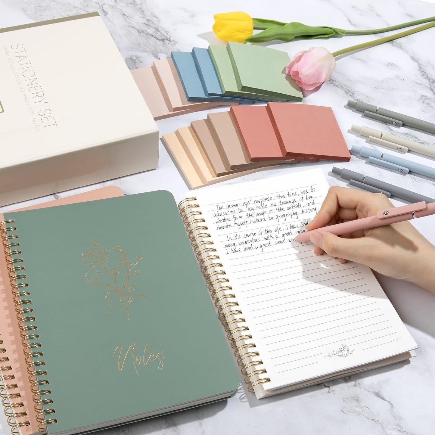 Cute Spiral Notebook Set For Women, Bible Journal Set, 3 Pack A5 Spiral Notebook + 5 PCS Gel Pens + 600 Sticky Notes + Gift Box, Aesthetic Gift Set for Work Students School Office Supplies