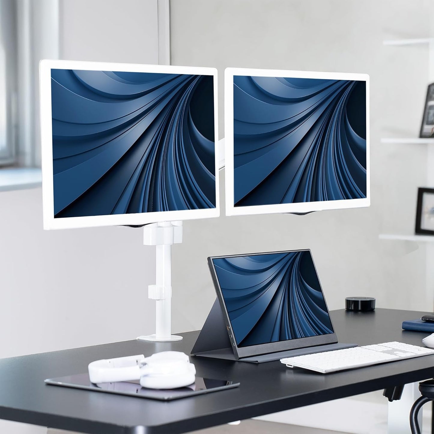 VIVO 17 to 32 inch Dual Pneumatic Monitor Mount, 2 Pneumatic Arms, Adjustable Swivel, Rotation, Heavy Duty VESA Desk Stand with C-clamp, Grommet, Max VESA 100x100, White, STAND-V002KW