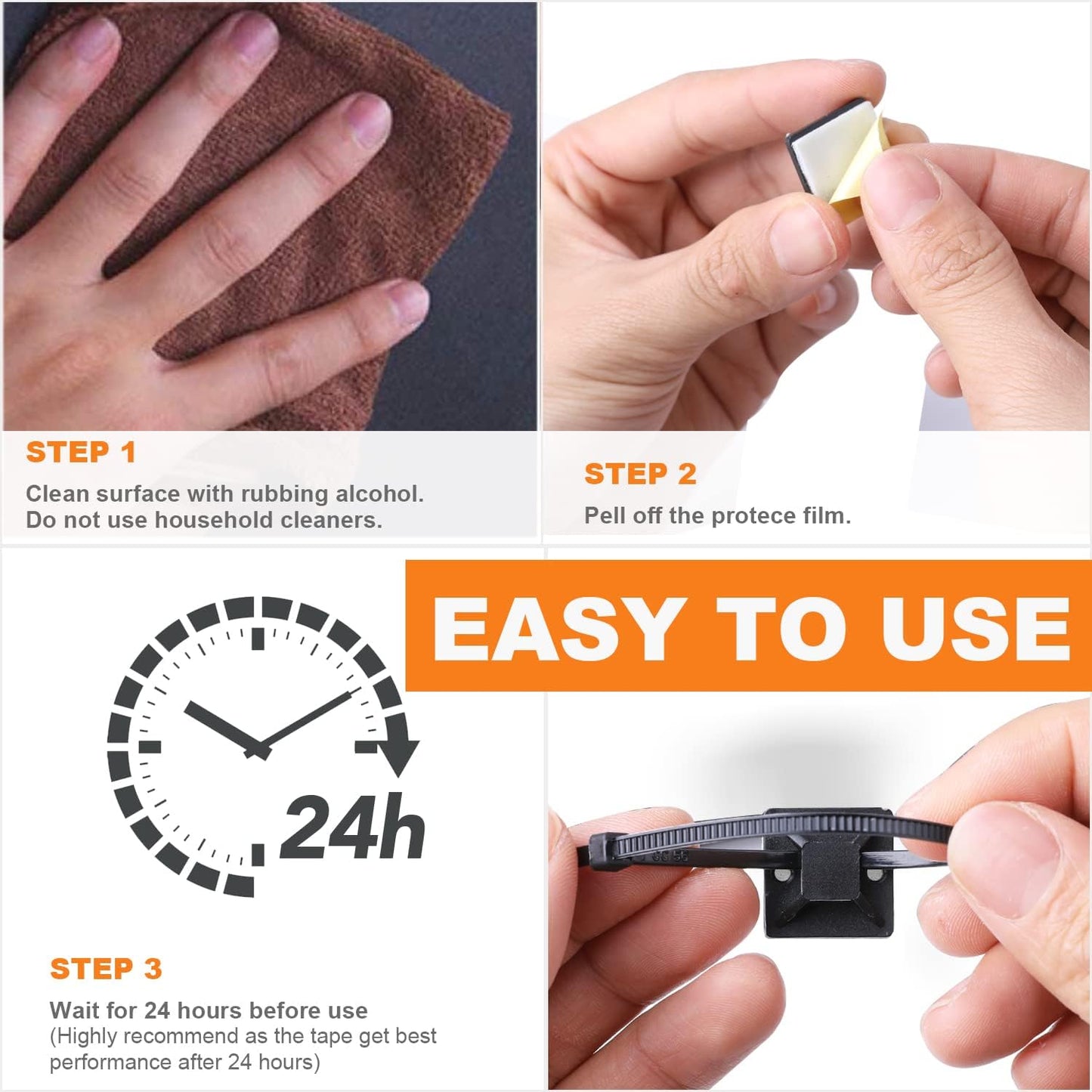 30 Pack 2 inch Zip Tie Adhesive Mounts Self Adhesive Cable Tie Base Holders with Multi-Purpose Tie wire clips with screw hole,Anchor stick on wire holder with 8 inch zip ties(Black)