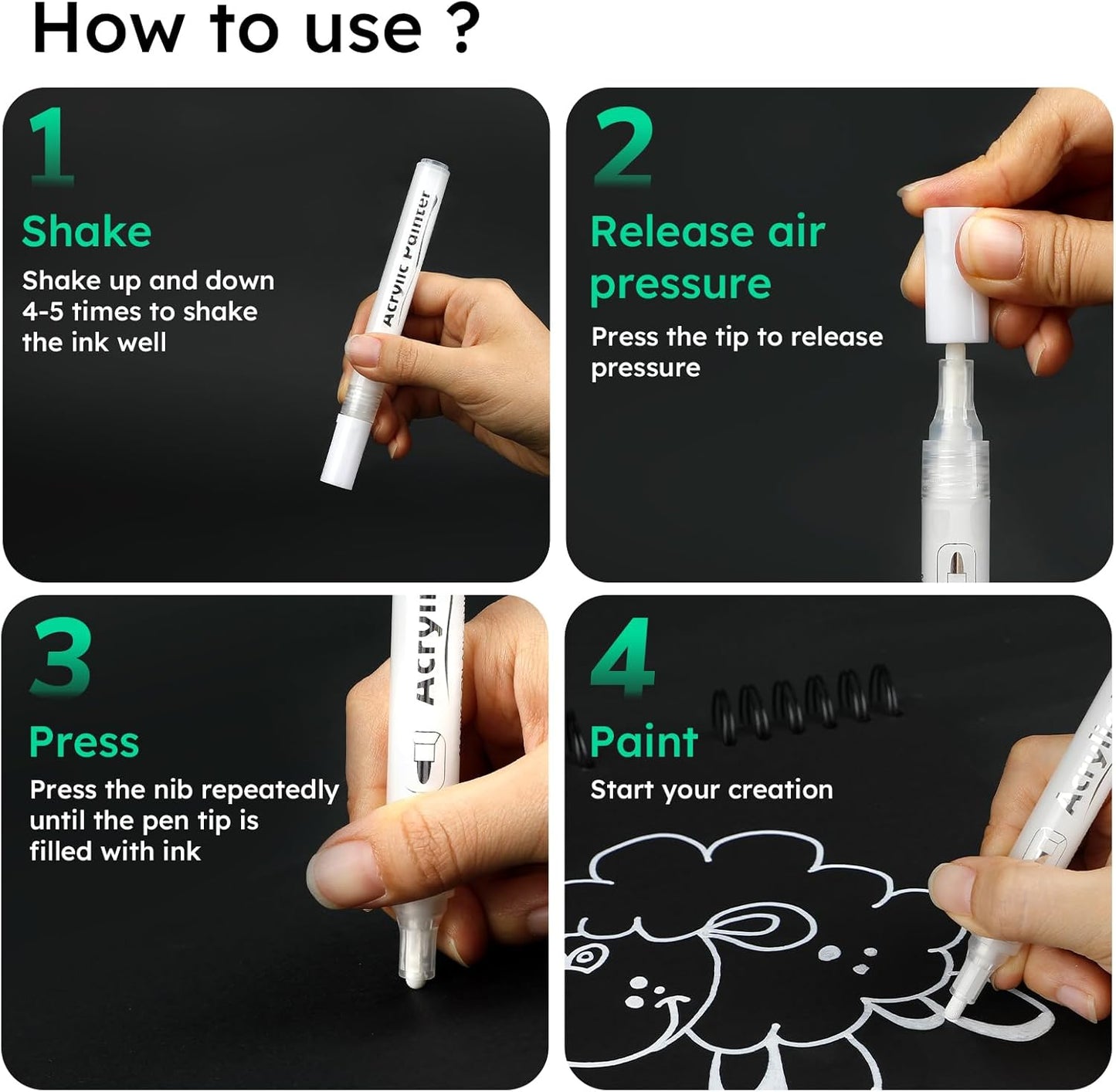 AKARUED White Acrylic Paint Markers, 8 Pack Acrylic White Paint Pen Sets for Rock Painting, Wood, Stone, Glass, Ceramic, Paper, Drawing, Art Projects, DIY Crafts, Water-Based ink, 2-3mm Medium Tip