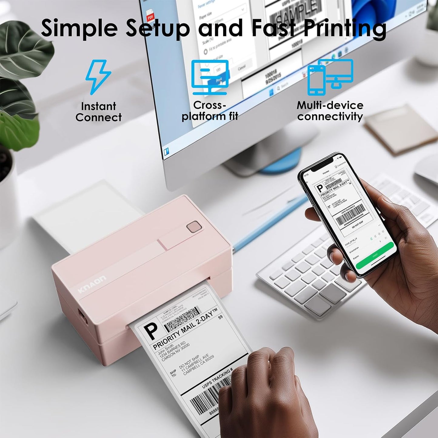 Bluetooth Thermal Label Printer, 4x6 Portable Thermal Shipping Label Printer for Small Business, Compatible with iPhone,Android,Windows,Mac,Chromebook –Works with Ebay Shopify USPS&More, Pink