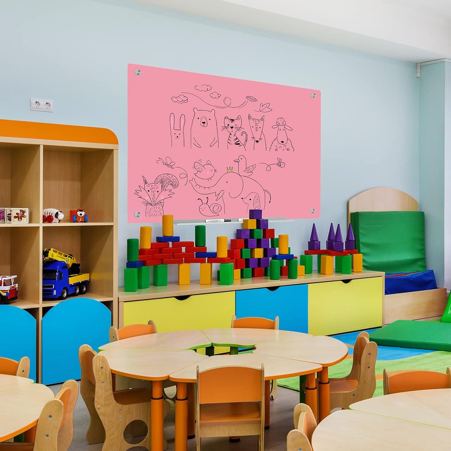 J&J worldwide Magnetic Glass Whiteboard, Wall Mounted Glass Dry Erase Board 47 x 35 Inch, Pink Surface, Frameless with Markers, Magnets, Marker Tray, Eraser for Office, Home, School