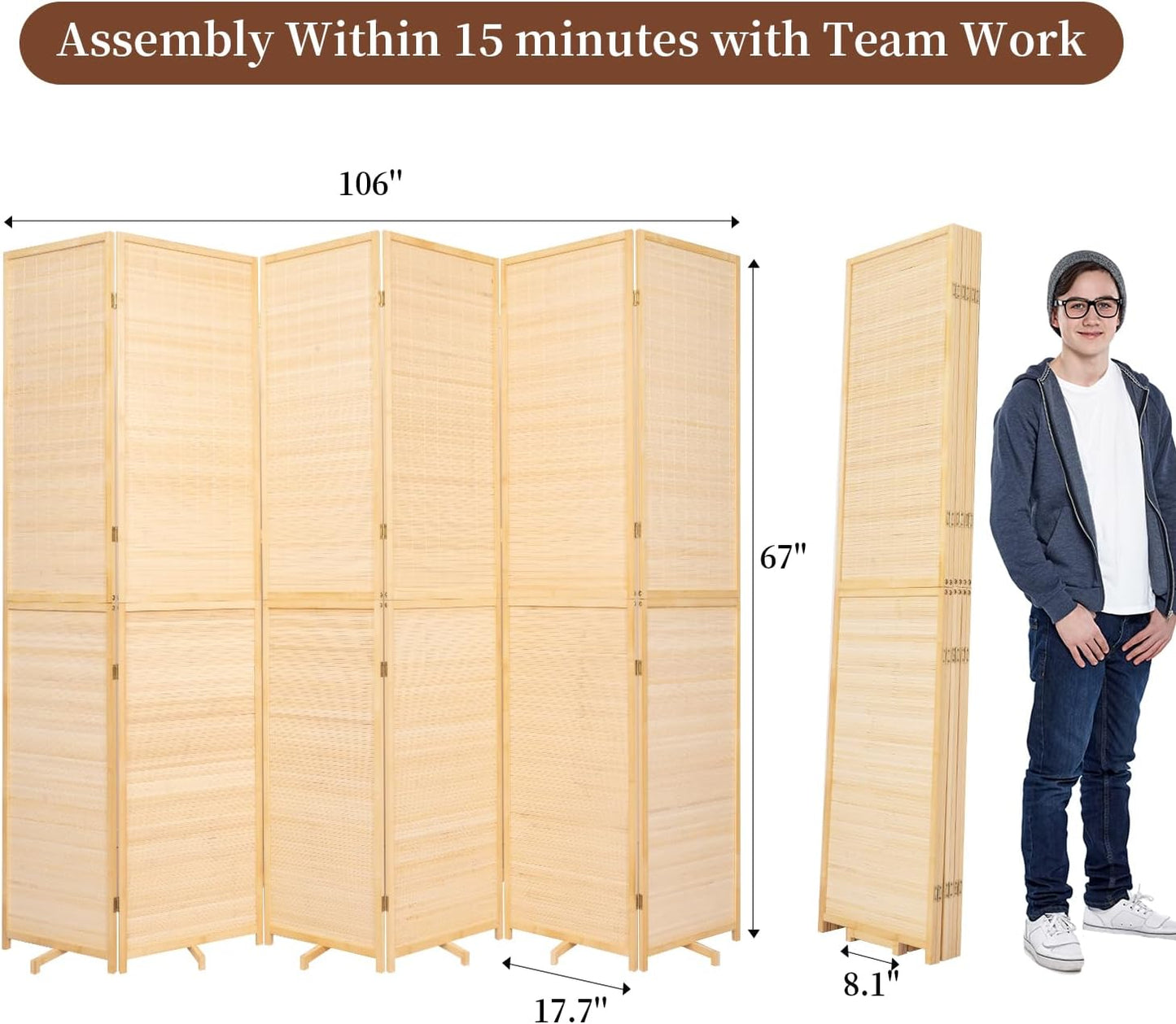 Bamboo Room Divider 6 Panel Wall Divider, 106'' W x 67'' H Folding Design with Extra Stable Base, 100% Bamboo Room Divider Screen for Room Separation, Chinese Room Partitions and Dividers Freestanding
