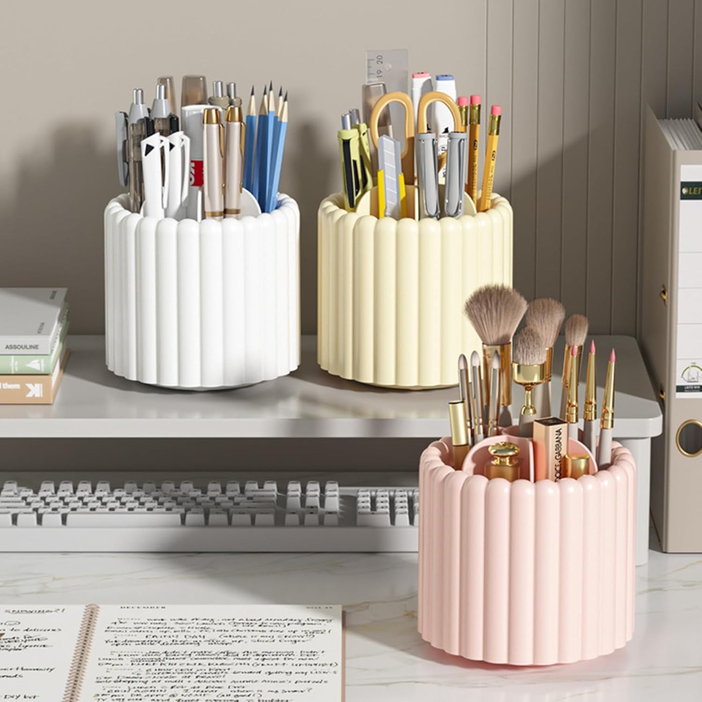 Desk Organizer, 360° Rotating Pen Holder for Desk, Pencil Cup with 7 Compartments Storage Box Caddy for Kids, Office, School, Home (White)