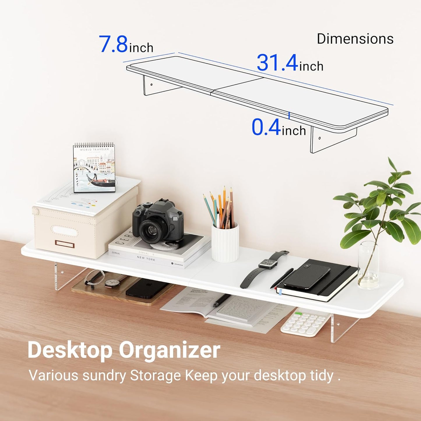 Monitor Stand Riser,31.5-Inch LED Light Wood Computer Monitor Stand with Adjustable Acrylic Legs,Desk Accessories Desktop Organizer Stand for Computer,Laptop,Printer,PC TV Screen Riser,White