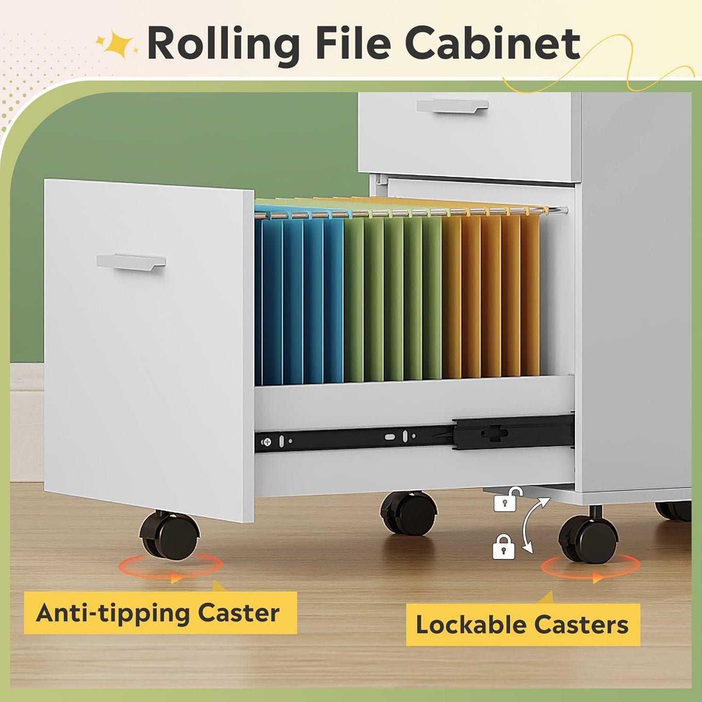 DEVAISE 3 Drawer Wood Mobile File Cabinet, Rolling Filing Cabinet for Letter/A4 Size, White