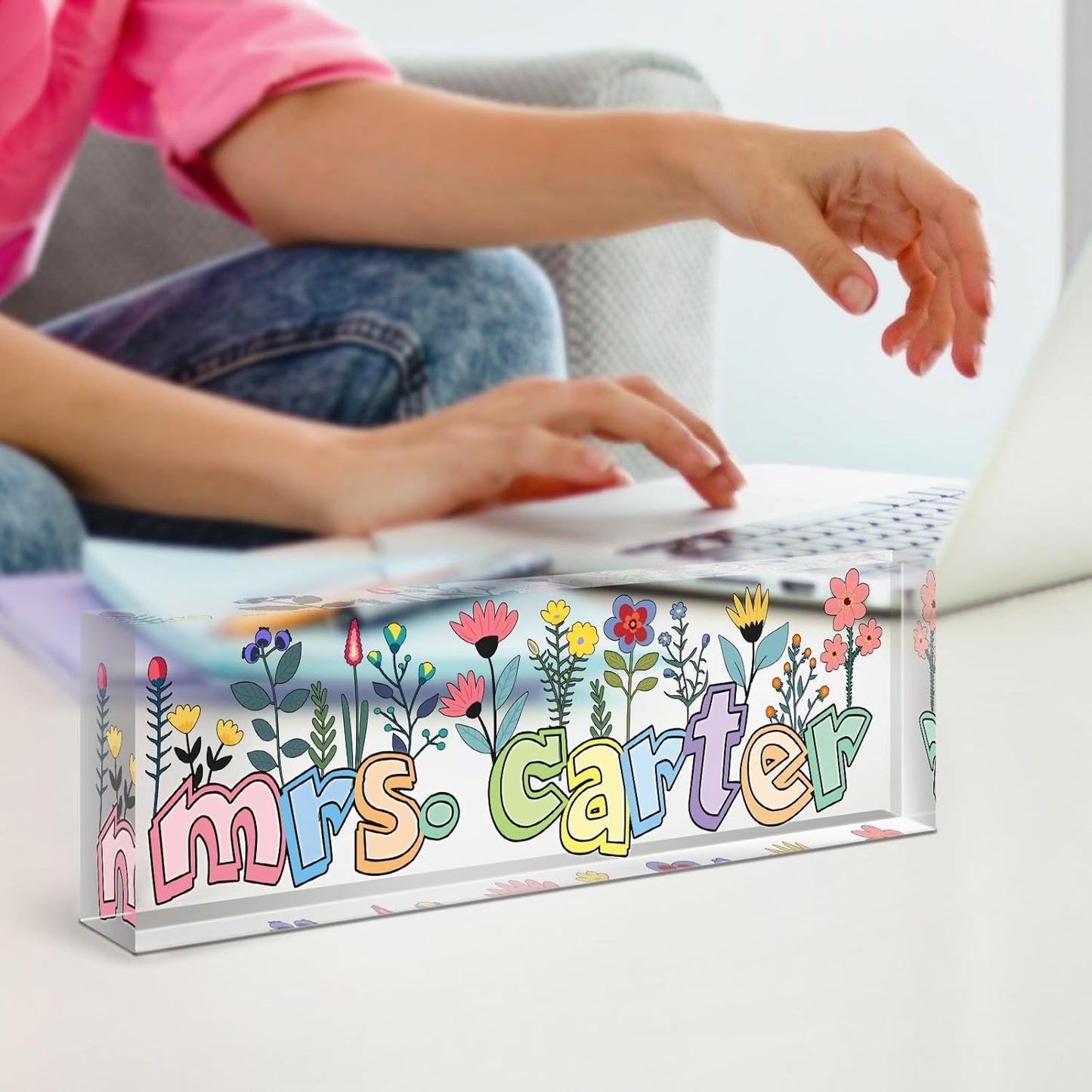 Teacher Name Plate for Desk, Desk Name Plate Personalized, Office Decor for Women Men, Acrylic Desktop Accessories, Office Appreciation Gifts for Teacher Boss Social Workers Nurse Employee (Orchid)